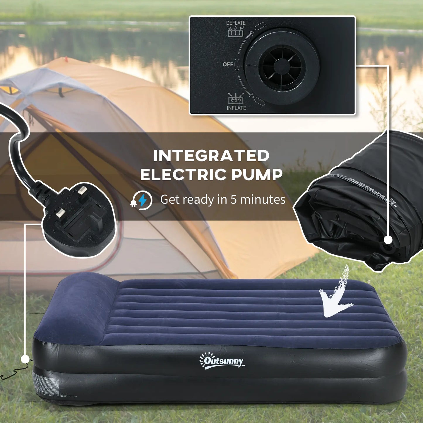 Outsunny Inflatable King-Size Air Bed, with Built-in Electric Pump and Carry Bag
