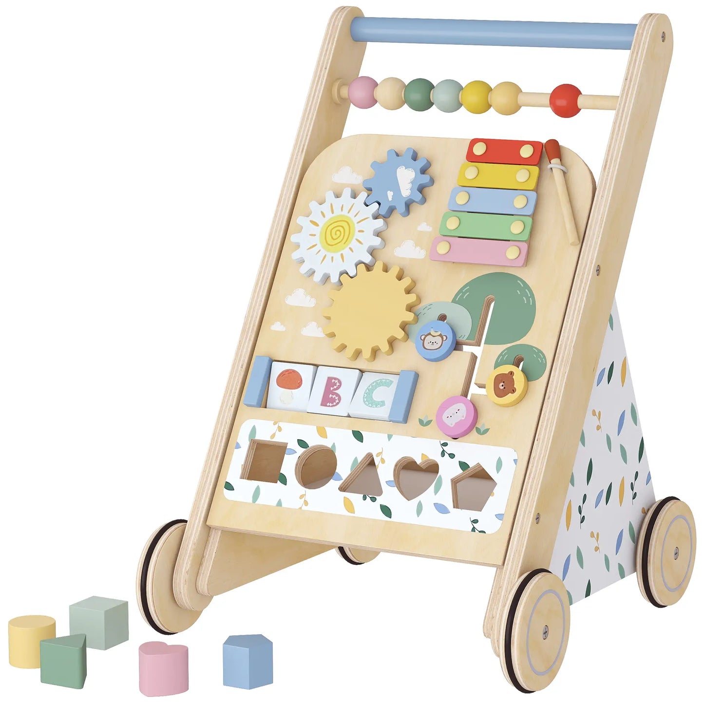 AIYAPLAY Wooden Baby Walker, Toddler Push Along Walker with Speed Control, Activity Centre for 18 Months+