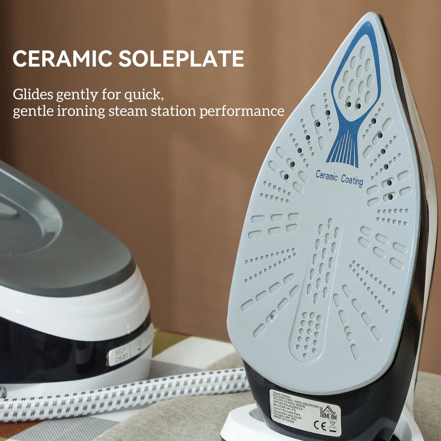HOMCOM Steam Generator Iron with ECO Mode, Self-Cleaning, Powerful Vertical Steam, Ceramic Non-Stick Soleplate, Large 1.5L Detachable Water Tank, 2600W