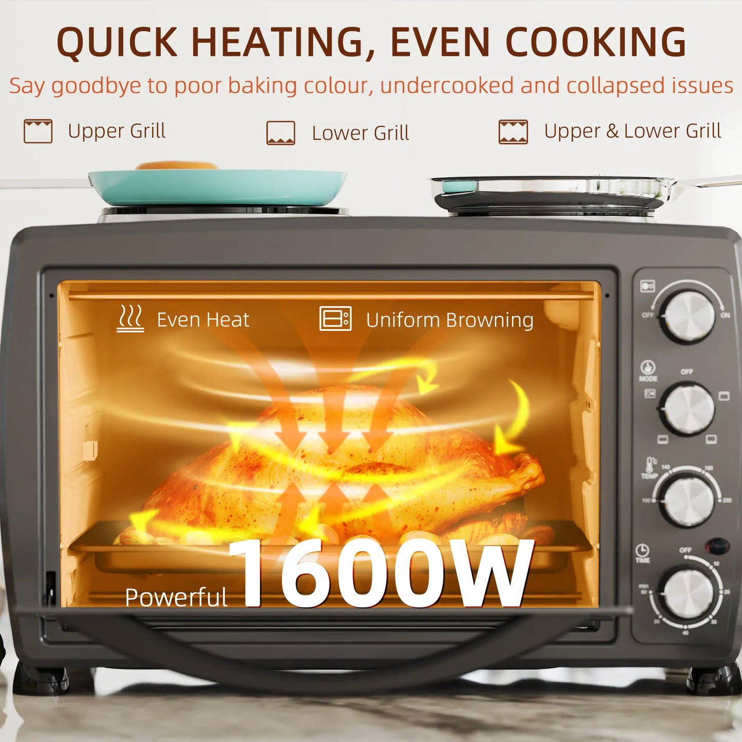 HOMCOM 36L Small Electric Oven with 2 Hot Plates, Countertop Toaster Oven, Grill, Roast, Bake, with Timer, Adjustable Temperature & Baking Tray, 2600W