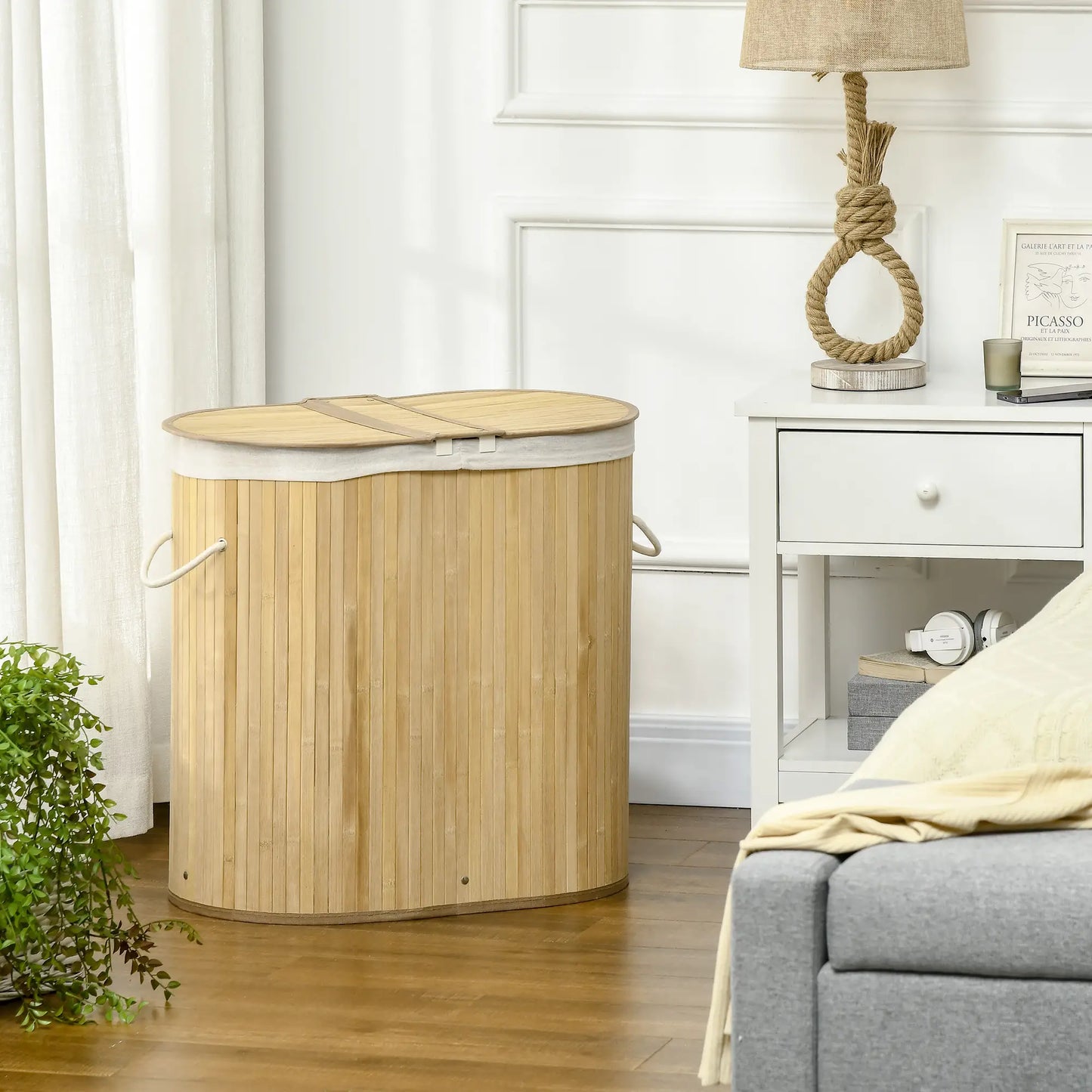 HOMCOM Bamboo Laundry Basket with Lid, 100 Litres Laundry Hamper with 2 Sections, Removable Washable Lining, Washing Baskets