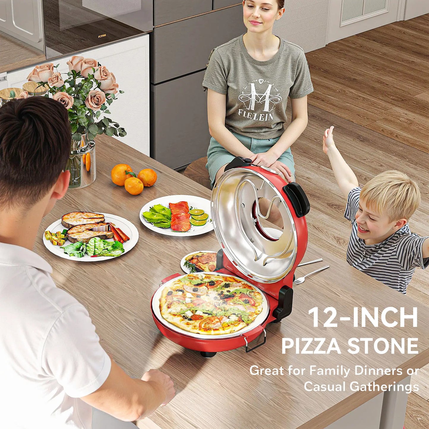 HOMCOM 1200W Pizza Oven, 12 Inch Electric Pizza Maker with Viewing Window, Timer Control & Overheat Protection, Red