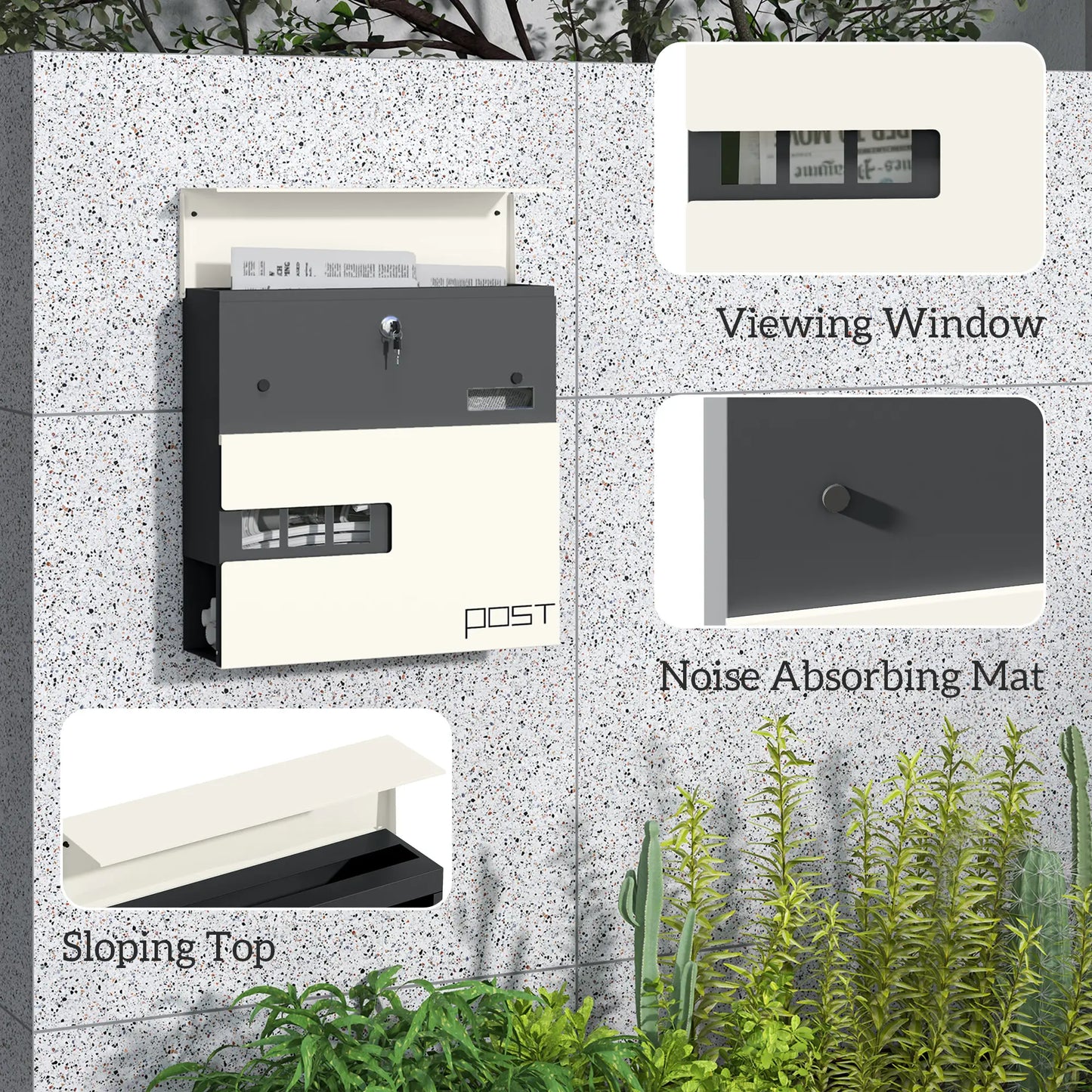 HOMCOM Locking Galvanised Steel Letterbox with Viewing Window - White/Black