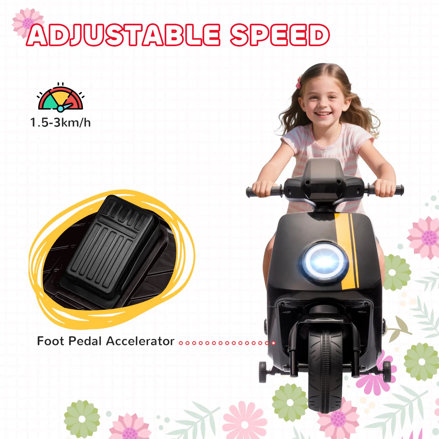 AIYAPLAY 6V Ride on Motorbike, Kids Electric Motorbike w/ Headlights, Music, Training Wheels, for 18-36 Months, Black