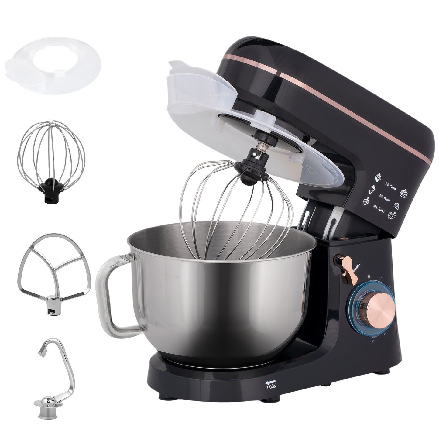 HOMCOM 5L Food Mixer for Baking, 6 Speeds and Pulse Setting, 1400W Electric Kitchen Stand Mixer with Stainless Steel Bowl, Black