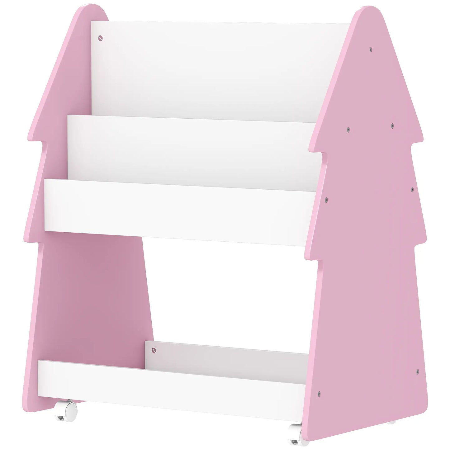 AIYAPLAY Kids Bookshelf with Toy Storage & Wheels, Double-Sided Bookcase, 3 Tier Book Rack for Bedroom, Pink