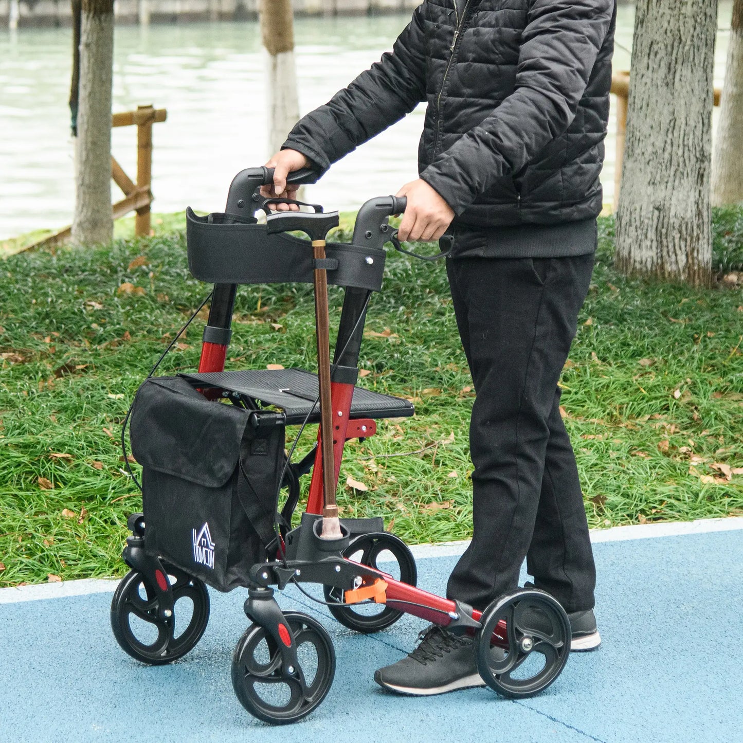 HOMCOM 4 Wheel Rollator with Seat & Back, Folding Mobility Walker with Carry Bag, Adjustable Height, Cane Holder, Aluminium Walking Frame for Seniors, Red