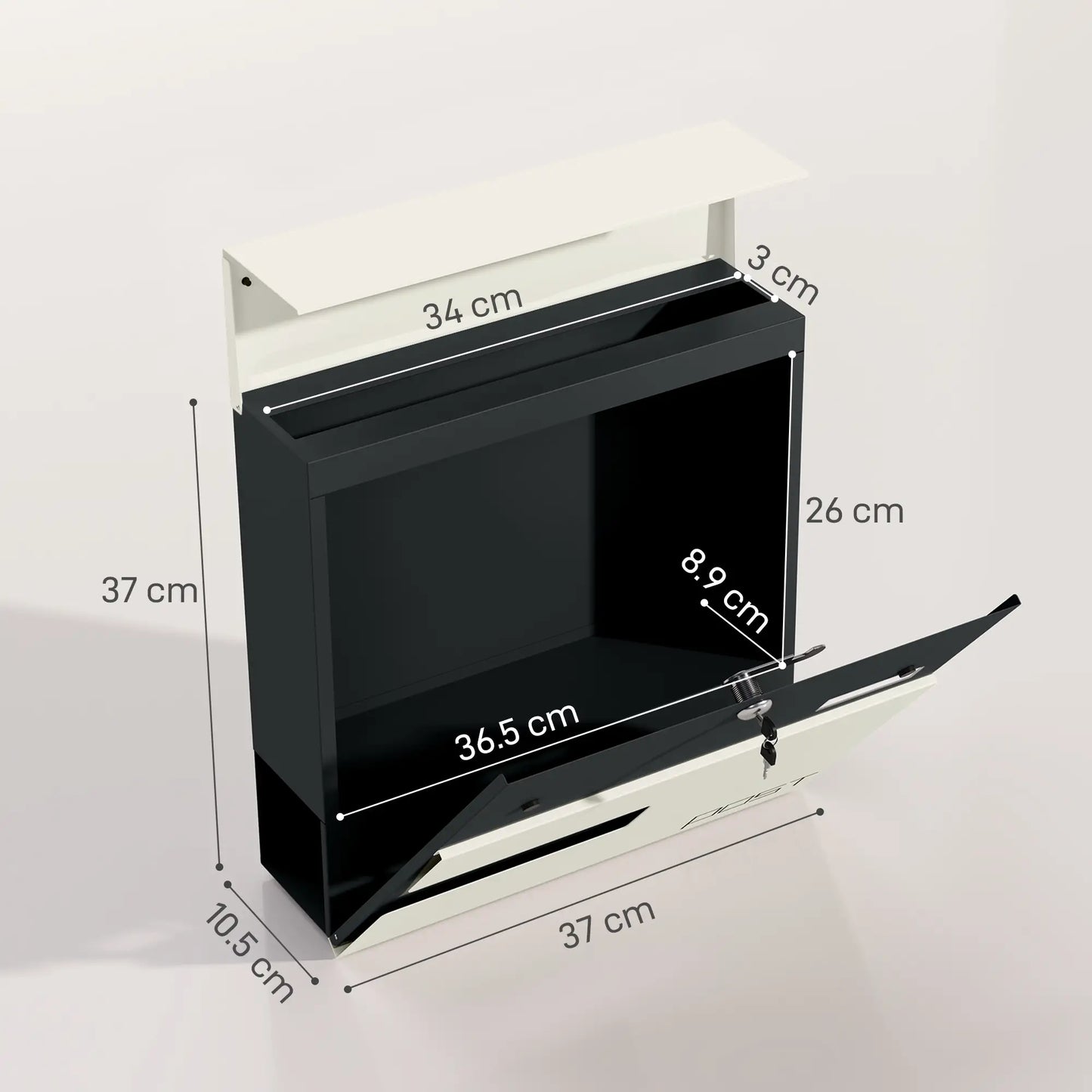 HOMCOM Locking Galvanised Steel Letterbox with Viewing Window - White/Black