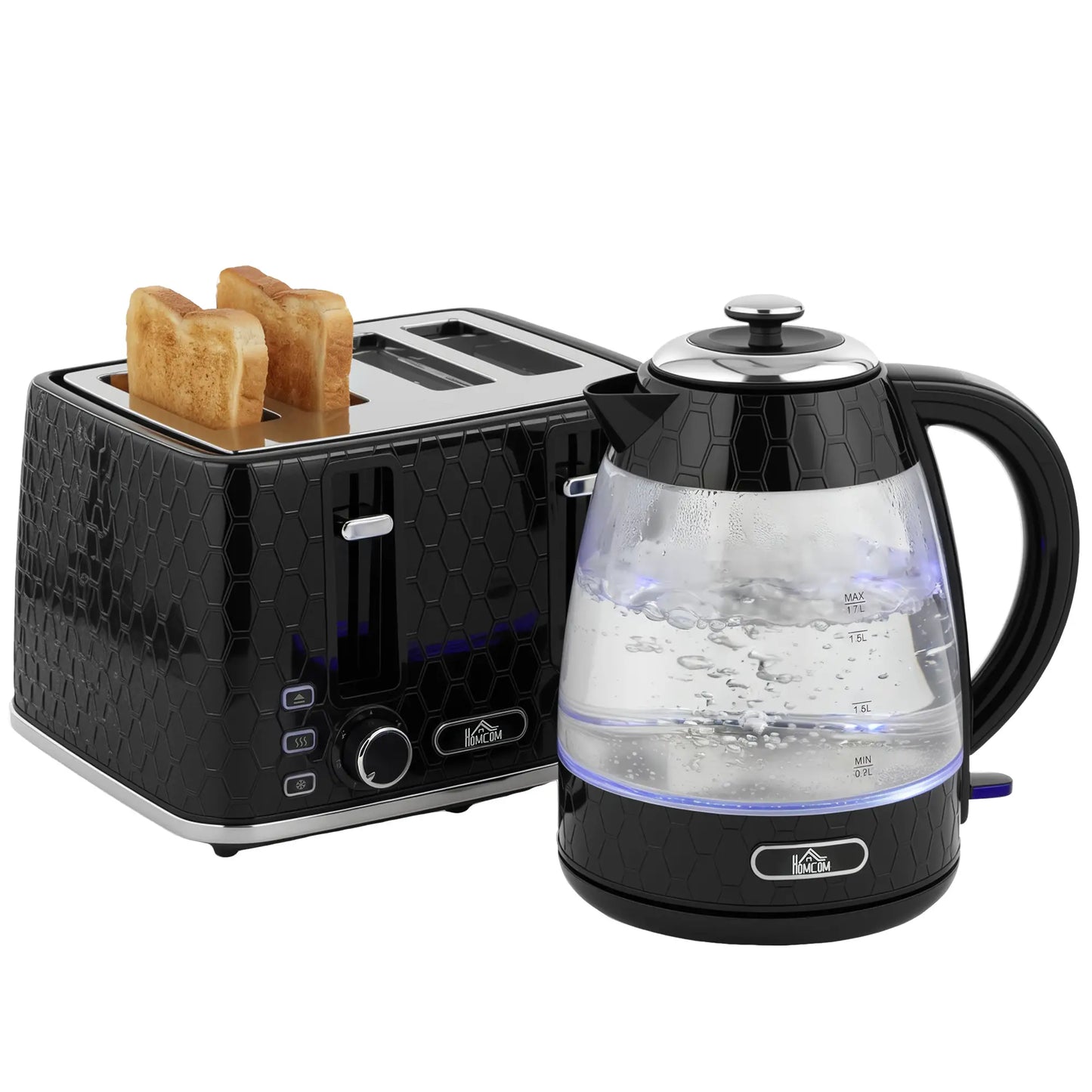 HOMCOM Kettle and Toaster Set, 1.7L 3000W Rapid Kettle with Strix Thermostat, 4 Slice Toaster, Black