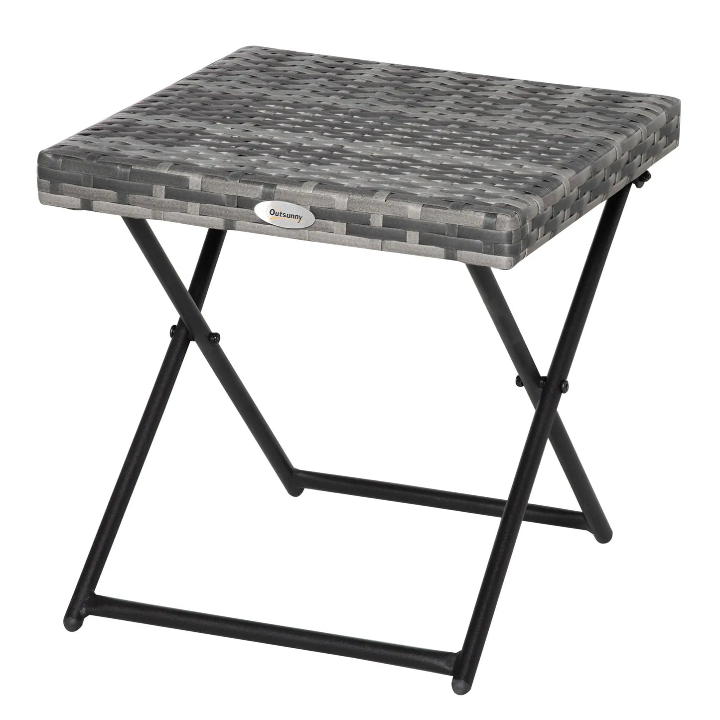 Outsunny Square PE Wicker Weave Rattan Folding Table, Weather Resistant Side Table with Steel Frame, Grey