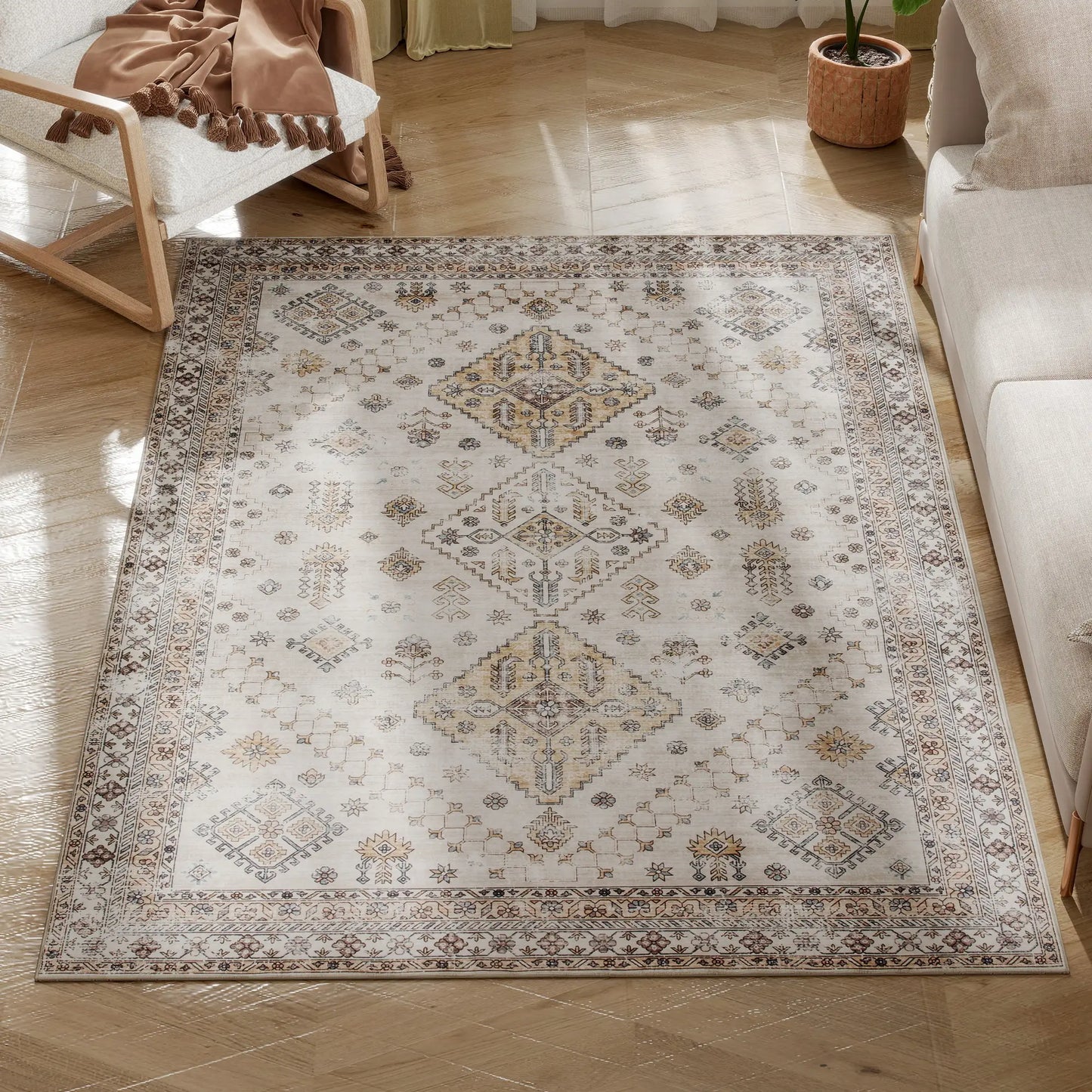 HOMCOM Vintage Area Rug, Non-Slip Washable, Flannel Floor Carpet for Living Room, Bedroom, Home Office, Beige