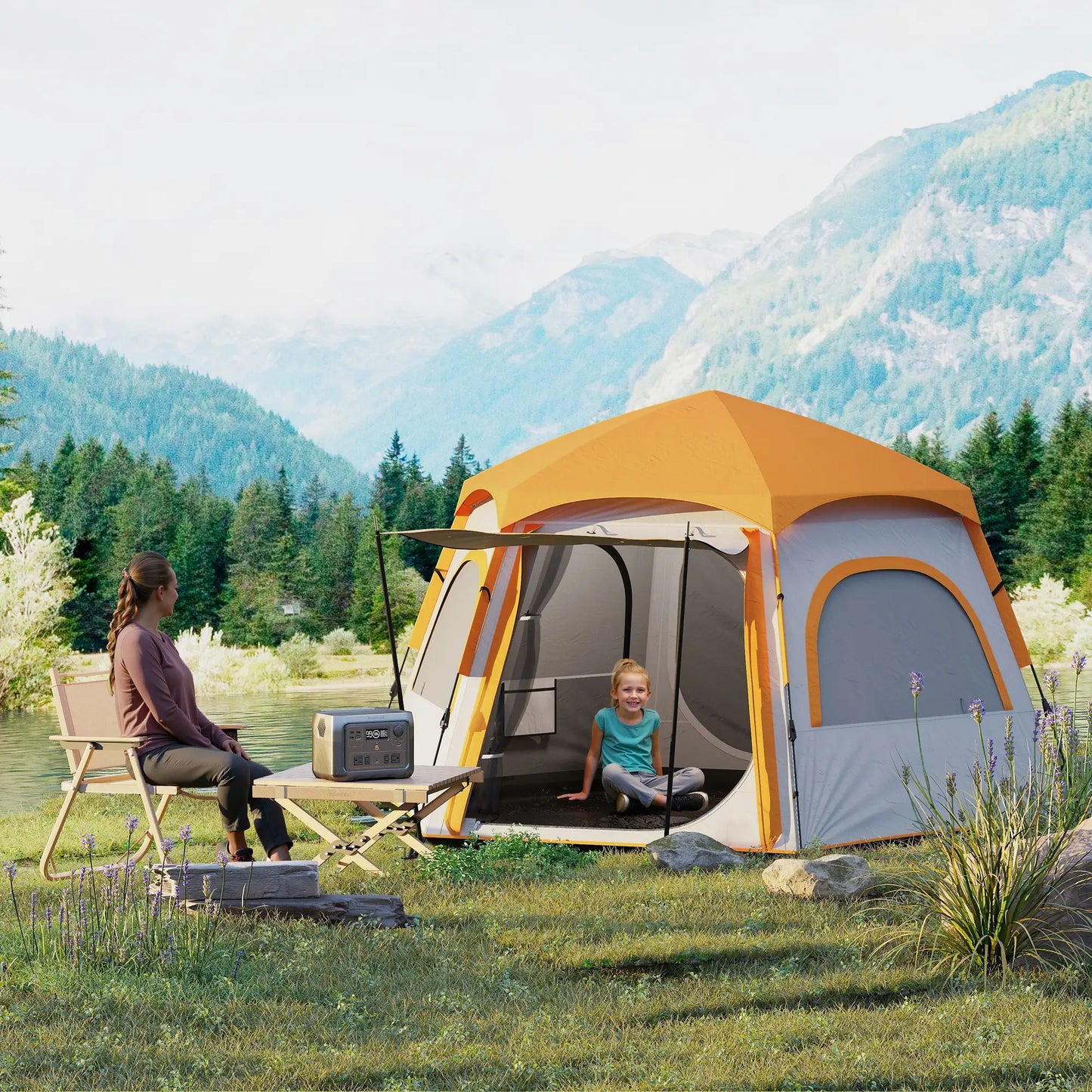 Outsunny Instant Pop Up Camping Tent, 3/4 Person Easy Setup Dome Family Tent with Rainfly Hexagonal Design, Waterproof & UV Protected, Light Grey