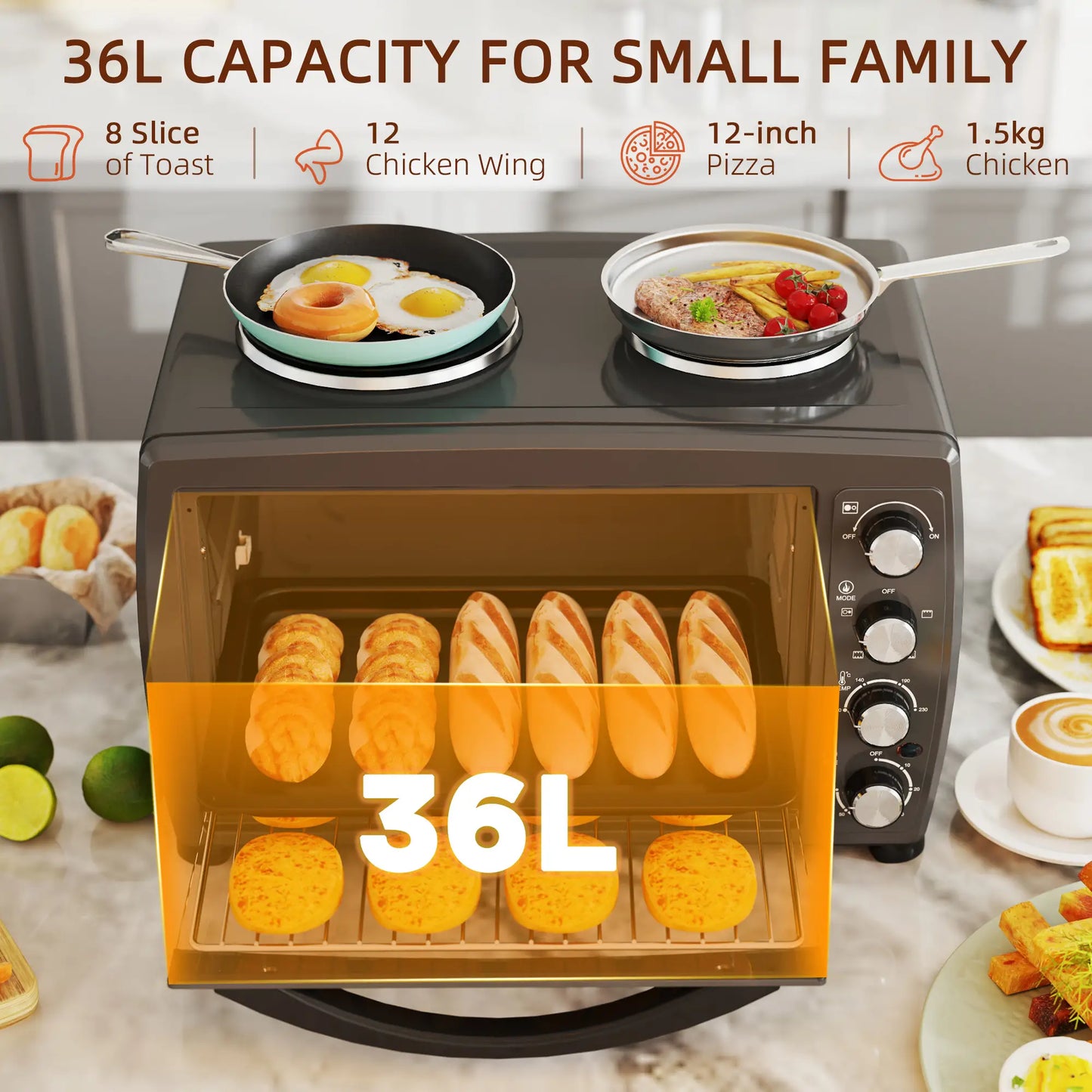 HOMCOM 36L Small Electric Oven with 2 Hot Plates, Countertop Toaster Oven, Grill, Roast, Bake, with Timer, Adjustable Temperature & Baking Tray, 2600W