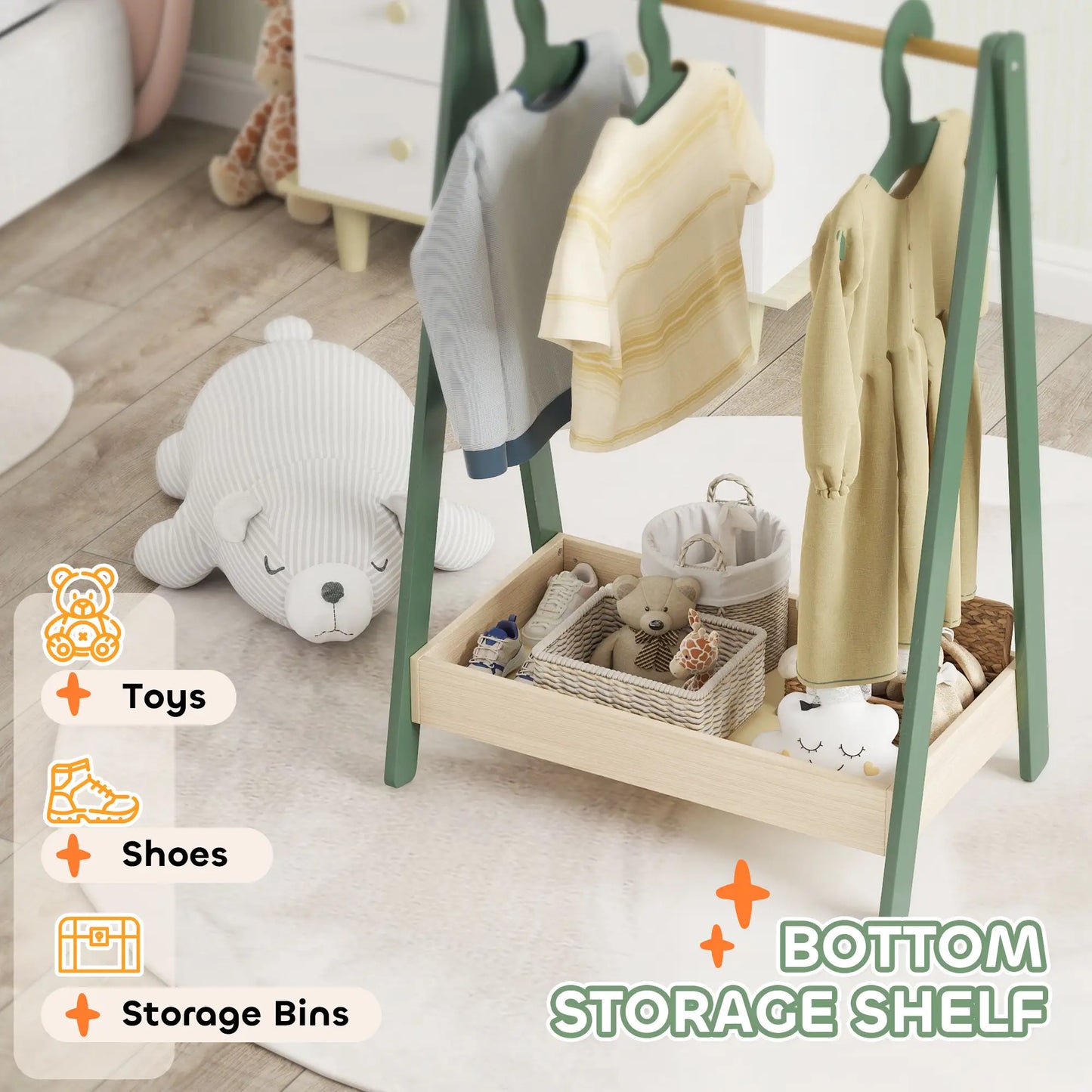 AIYAPLAY Kids Clothes Rail with 3 Hangers, Bottom Storage Shelf for Girls, Boys, Nursery, Bedroom, Green