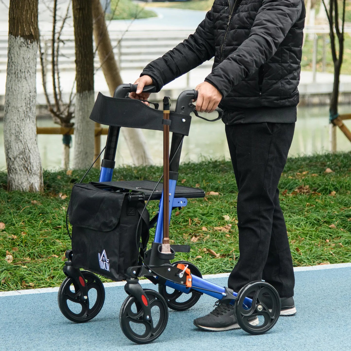 HOMCOM 4 Wheel Rollator with Seat and Back, Folding Mobility Walker with Carry Bag, Adjustable Height, Walking Frame for Seniors, Blue