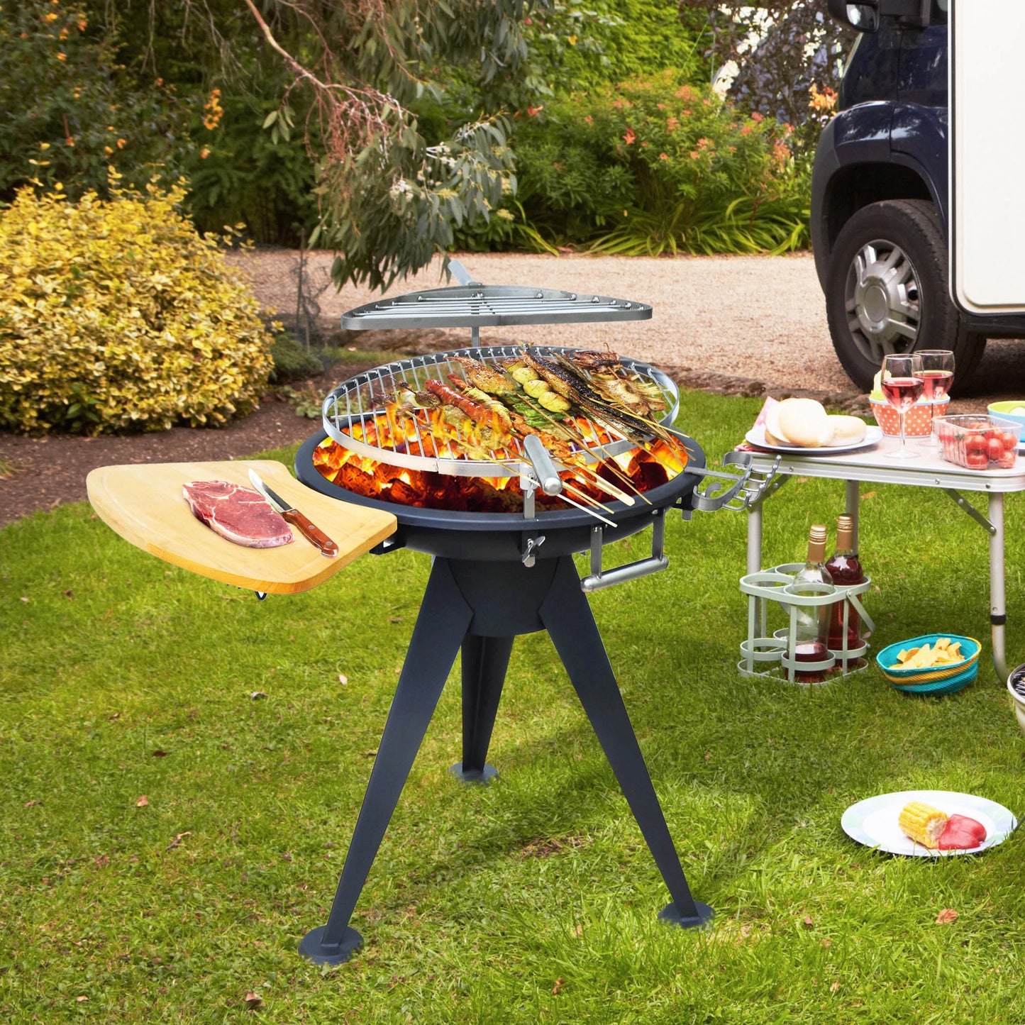 Outsunny Barbecue Round BBQ Grill w/ Cutting Board & Adjustable Height Black