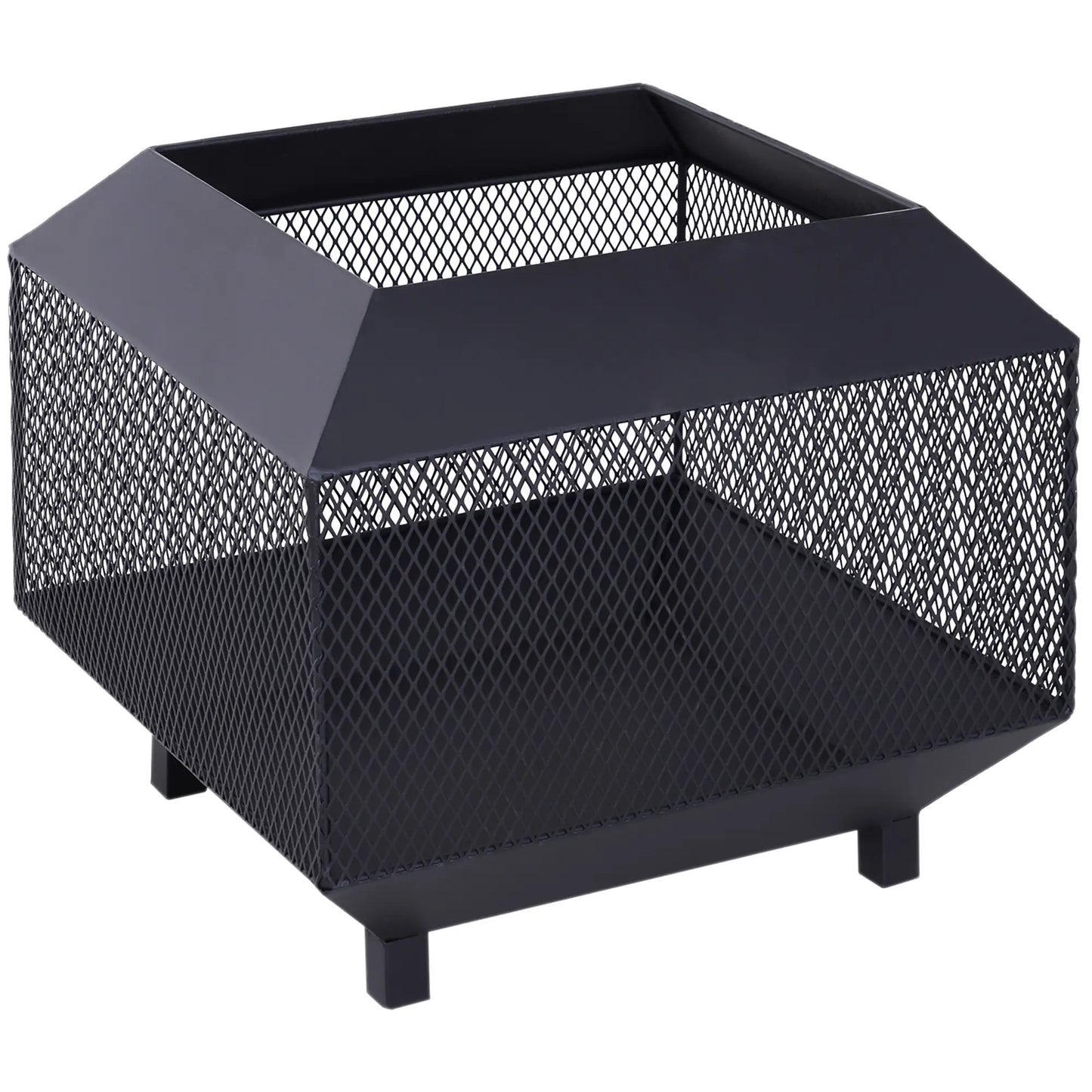 Outsunny Metal Square Fire Pit Outdoor Mesh Firepit Brazier w/ Lid, Log Grate, Camping, Bonfire, Wood Burning Stove, Black