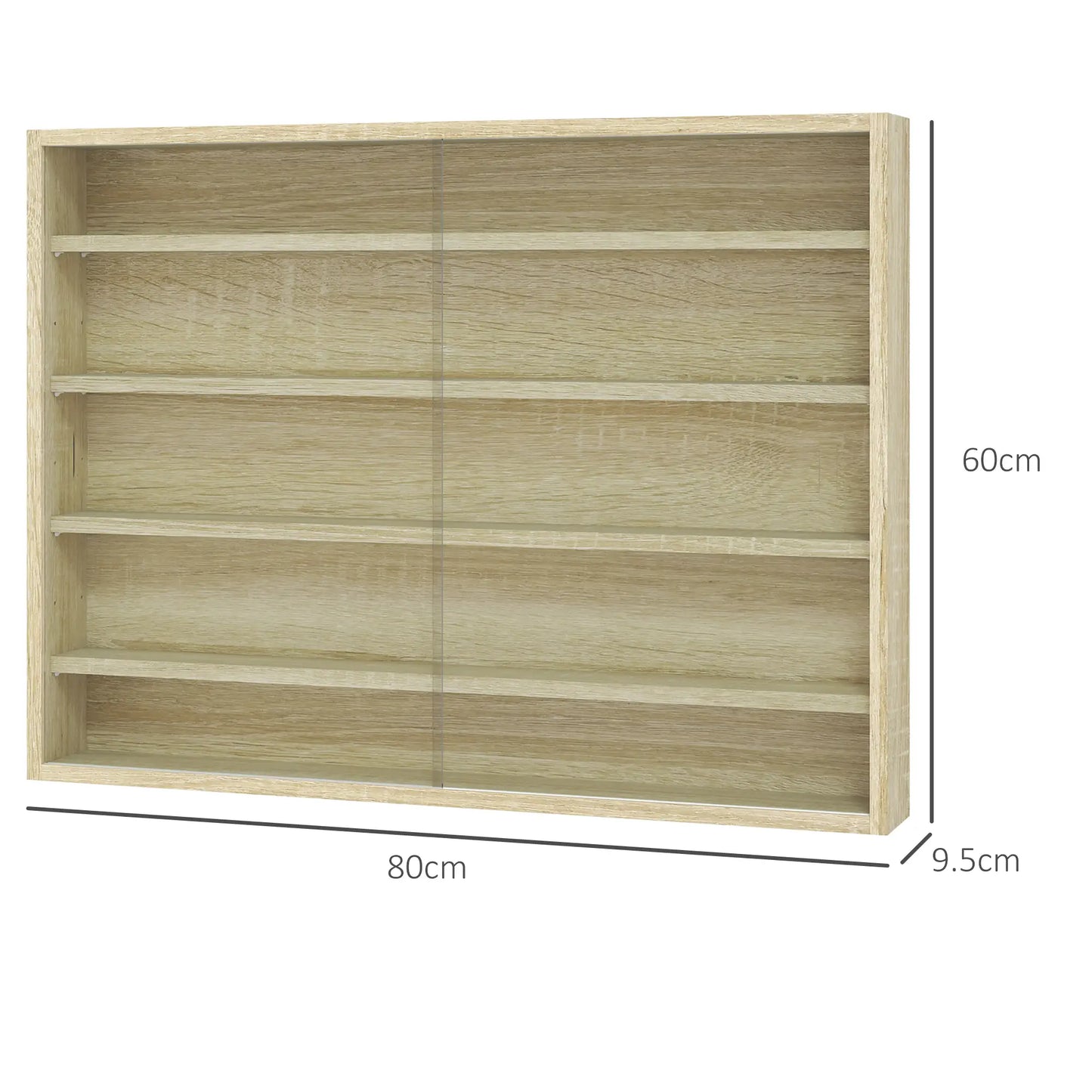 HOMCOM 5-Tier Wall Display Shelf Unit Cabinet w/ 4 Adjustable Shelves Glass Doors Home Office Ornaments, Oak
