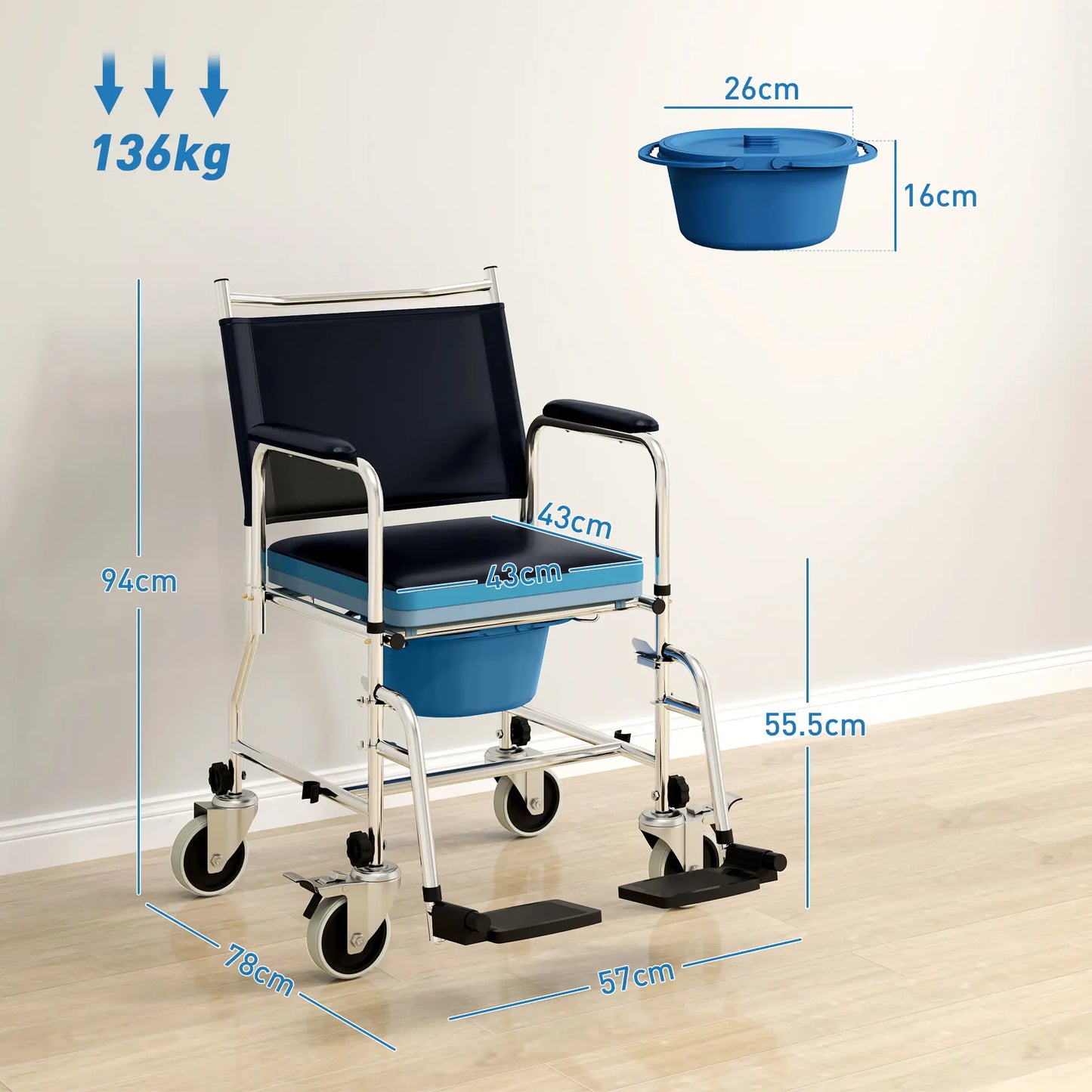HOMCOM 3-In-1 Bathroom Commode Wheelchair Toilet Seat - Black
