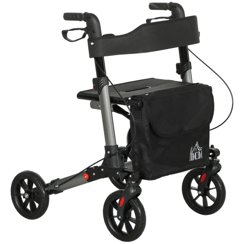 HOMCOM 4 Wheel Rollator with Seat & Back, Folding Walker with Carry Bag, Adjustable Height, Dual Brakes, Aluminium Walking Frame, Silver