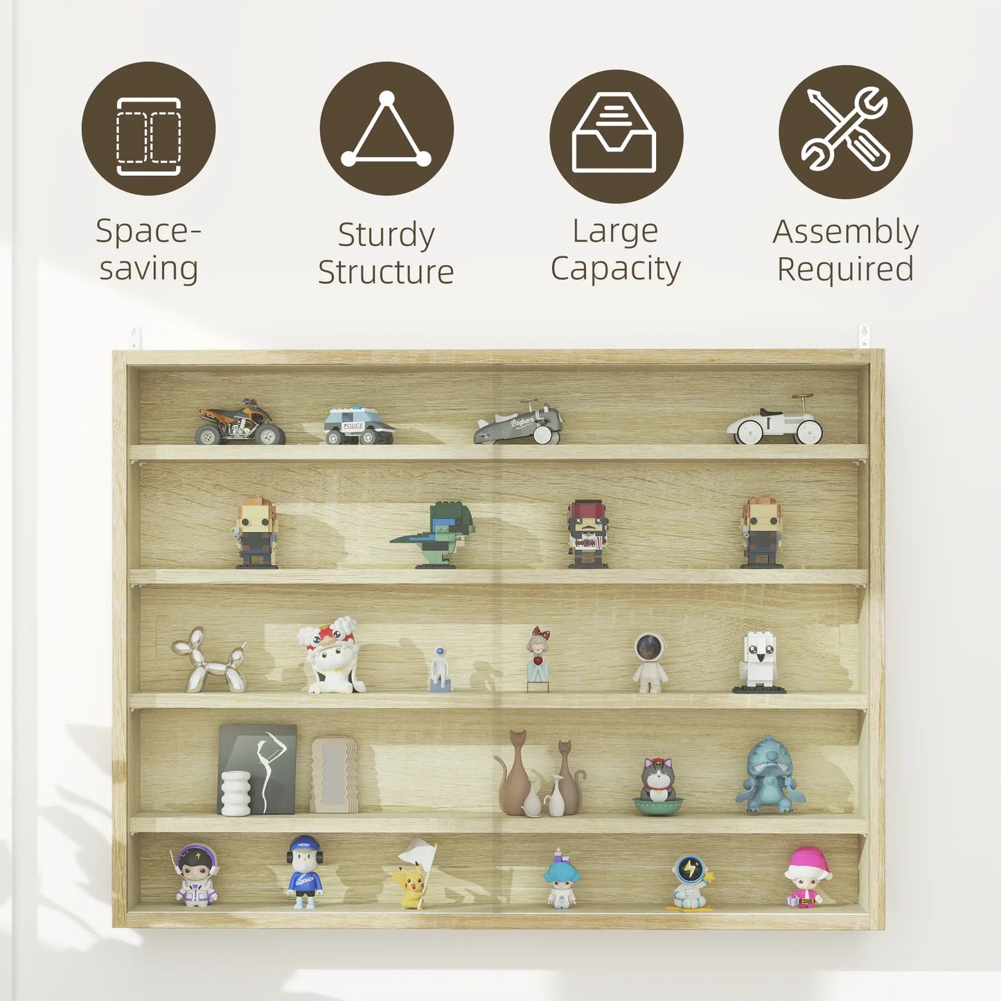 HOMCOM 5-Tier Wall Display Shelf Unit Cabinet w/ 4 Adjustable Shelves Glass Doors Home Office Ornaments, Oak
