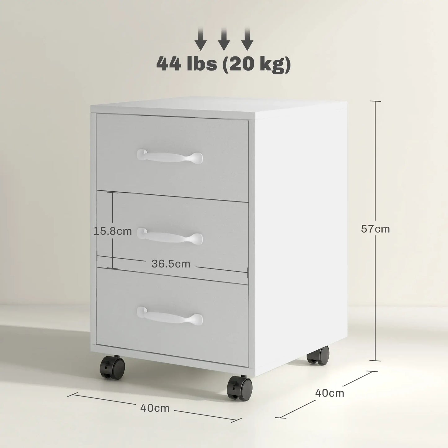 HOMCOM 3 Drawer File Cabinet, Mobile Filing Cabinet on Wheels for Home Office, Study, White