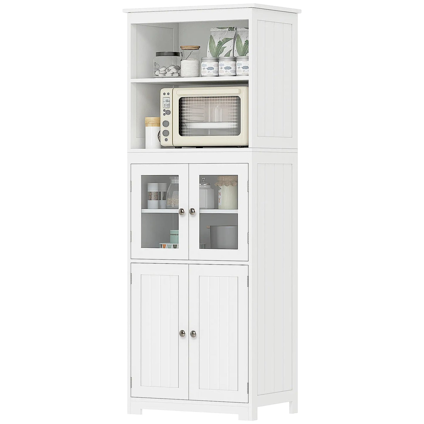 HOMCOM Freestanding Kitchen Cupboard, 4-Door Storage Cabinet with Adjustable Shelf and Glass Doors, White