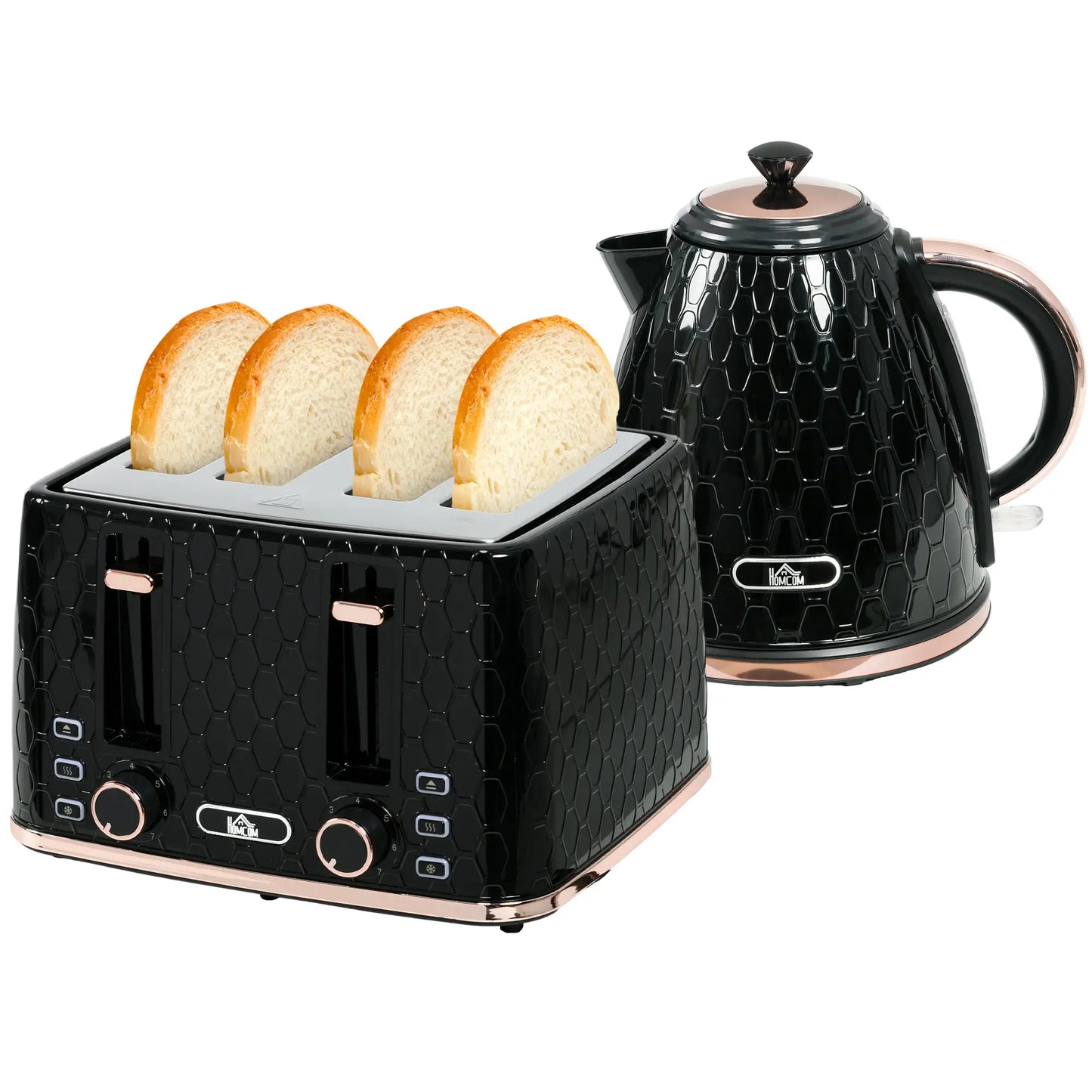 HOMCOM 1.7L 3000W Fast Boil Kettle and 4 Slice Toaster Set with 7 Browning Controls, Crumb Tray, Black