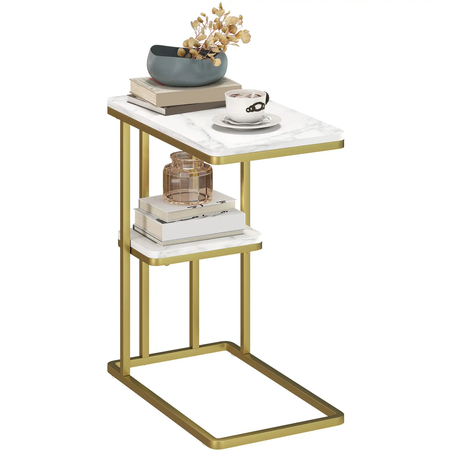 HOMCOM C-Shaped Narrow Side Table, 2-Tier Slim End, Nightstand for Living Room, Bedroom, White Marble Grain