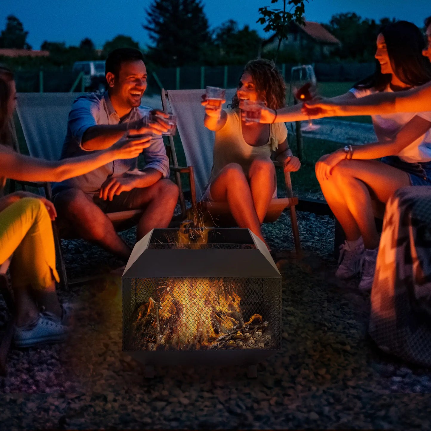Outsunny Metal Square Fire Pit Outdoor Mesh Firepit Brazier w/ Lid, Log Grate, Camping, Bonfire, Wood Burning Stove, Black
