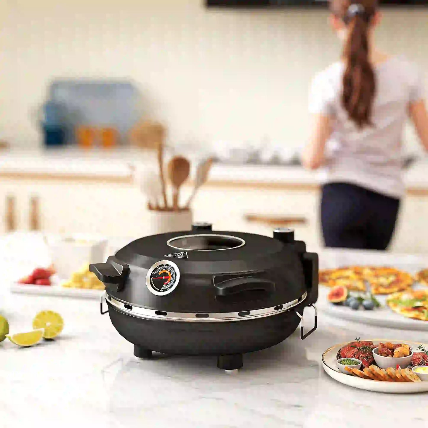 HOMCOM 1200W Pizza Oven, 12'' Electric Pizza Maker with Viewing Window, Dual Knob Temp & Timer Control, Black