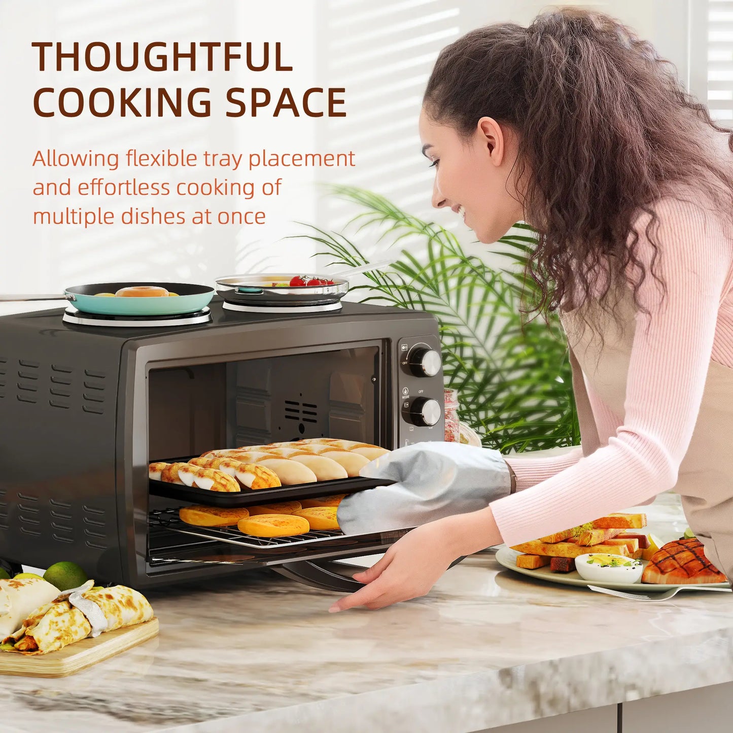 HOMCOM 36L Small Electric Oven with 2 Hot Plates, Countertop Toaster Oven, Grill, Roast, Bake, with Timer, Adjustable Temperature & Baking Tray, 2600W