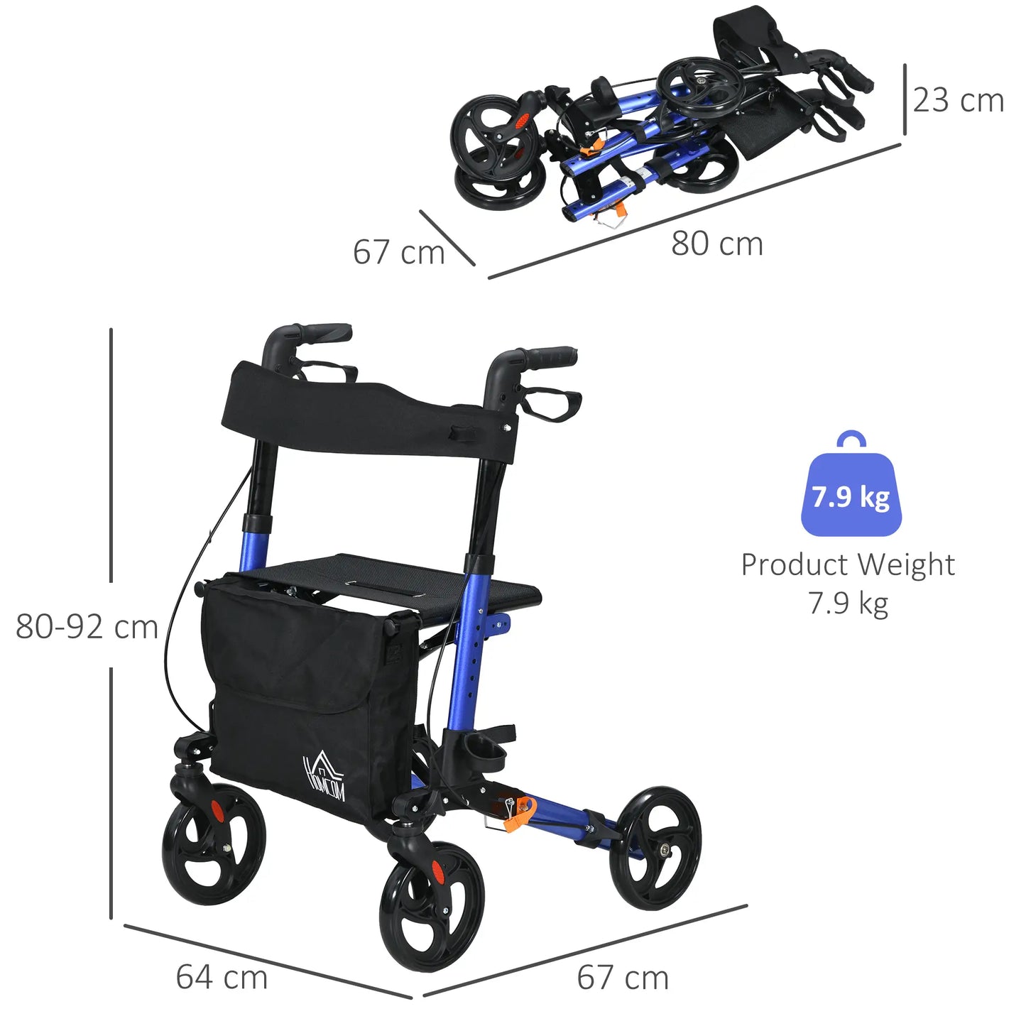 HOMCOM 4 Wheel Rollator with Seat and Back, Folding Mobility Walker with Carry Bag, Adjustable Height, Walking Frame for Seniors, Blue