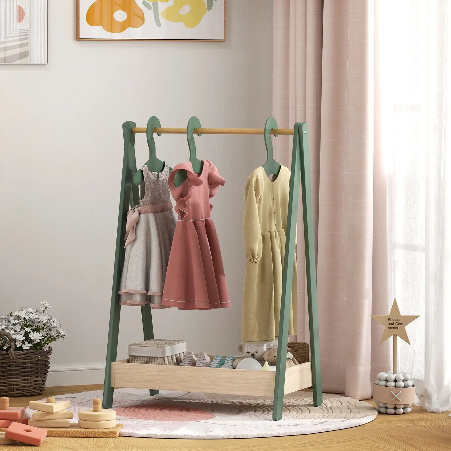 AIYAPLAY Kids Clothes Rail with 3 Hangers, Bottom Storage Shelf for Girls, Boys, Nursery, Bedroom, Green