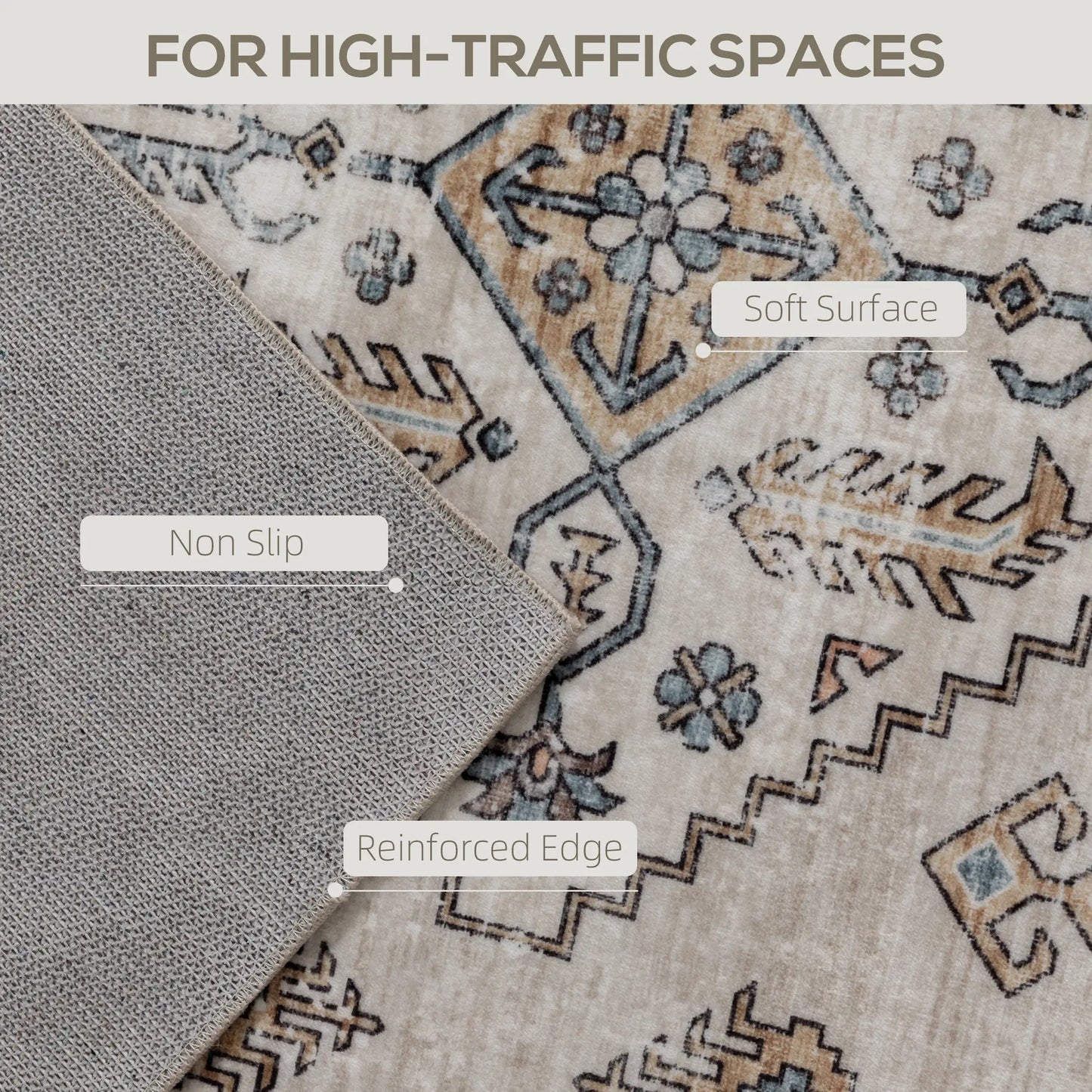 HOMCOM Vintage Area Rug, Non-Slip Washable, Flannel Floor Carpet for Living Room, Bedroom, Home Office, Beige
