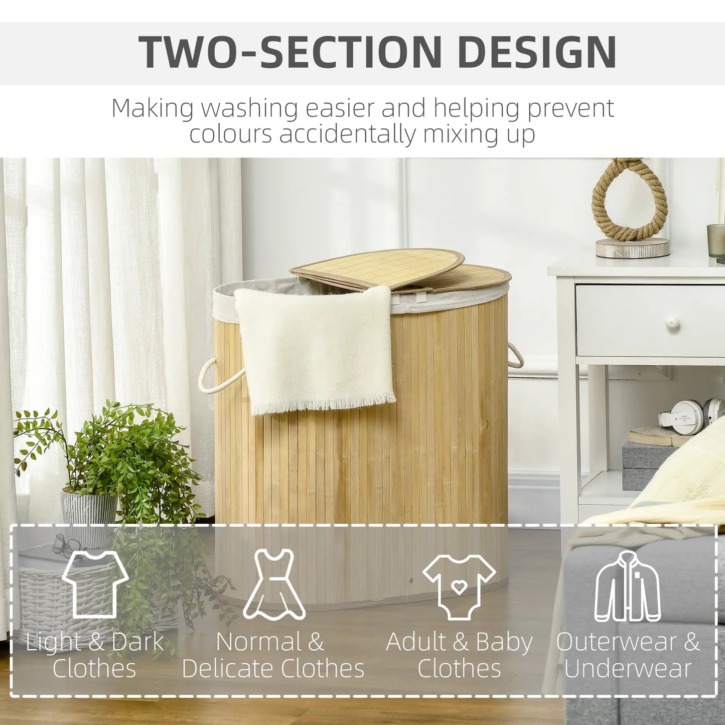 HOMCOM Bamboo Laundry Basket with Lid, 100 Litres Laundry Hamper with 2 Sections, Removable Washable Lining, Washing Baskets