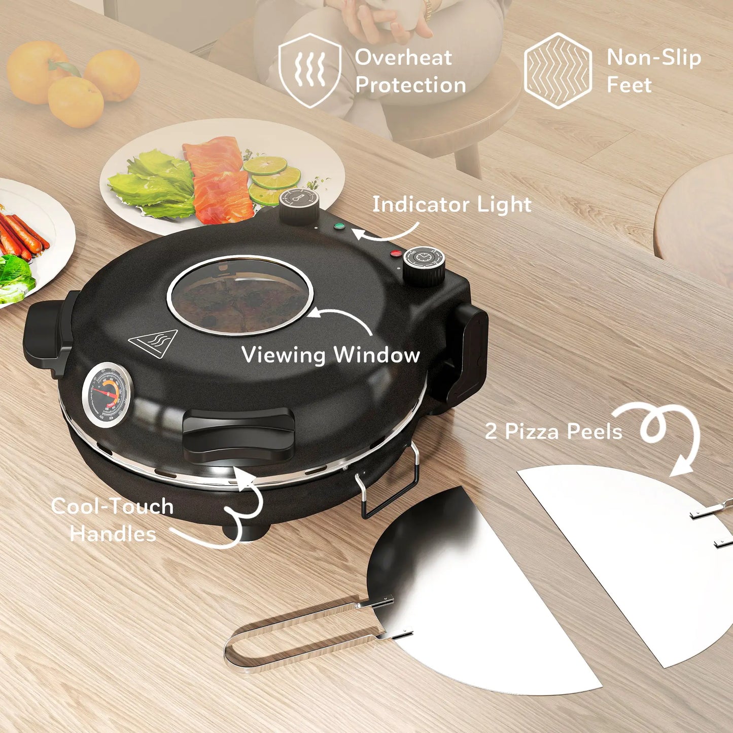 HOMCOM 1200W Pizza Oven, 12'' Electric Pizza Maker with Viewing Window, Dual Knob Temp & Timer Control, Black