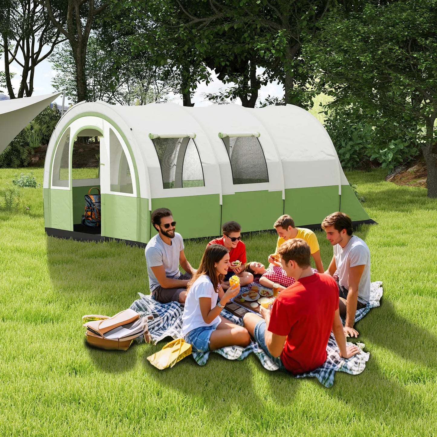 Outsunny 3000mm Waterproof Camping Tent, 5-6 Man Family Tent with Living & Bedroom, Carry Bag, Cream & Green