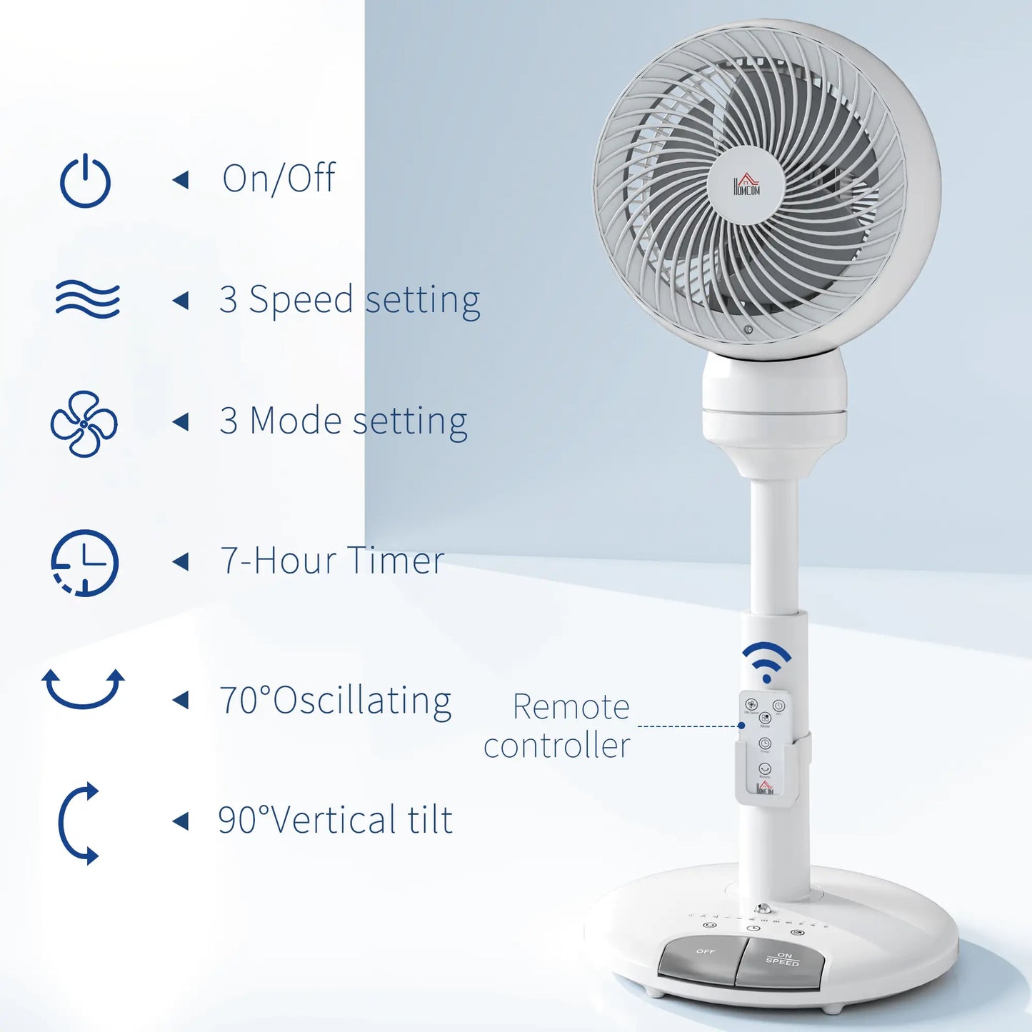 HOMCOM 9'' Air Circulator Fan 3 Speed, 70° Oscillation 90° Vertical Tilt, Height Adjustable, Remote Controller, for Living Room, Office