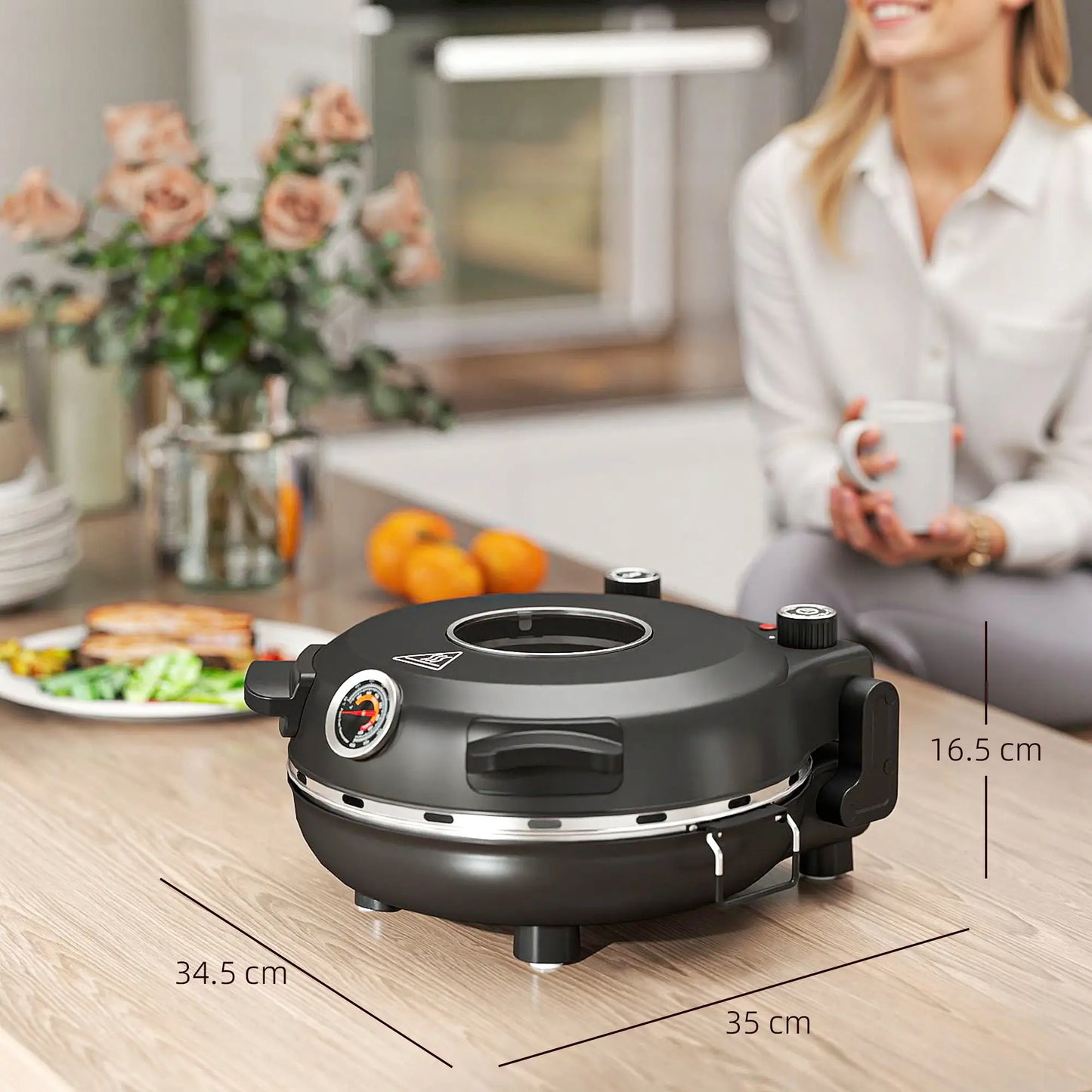 HOMCOM 1200W Pizza Oven, 12'' Electric Pizza Maker with Viewing Window, Dual Knob Temp & Timer Control, Black