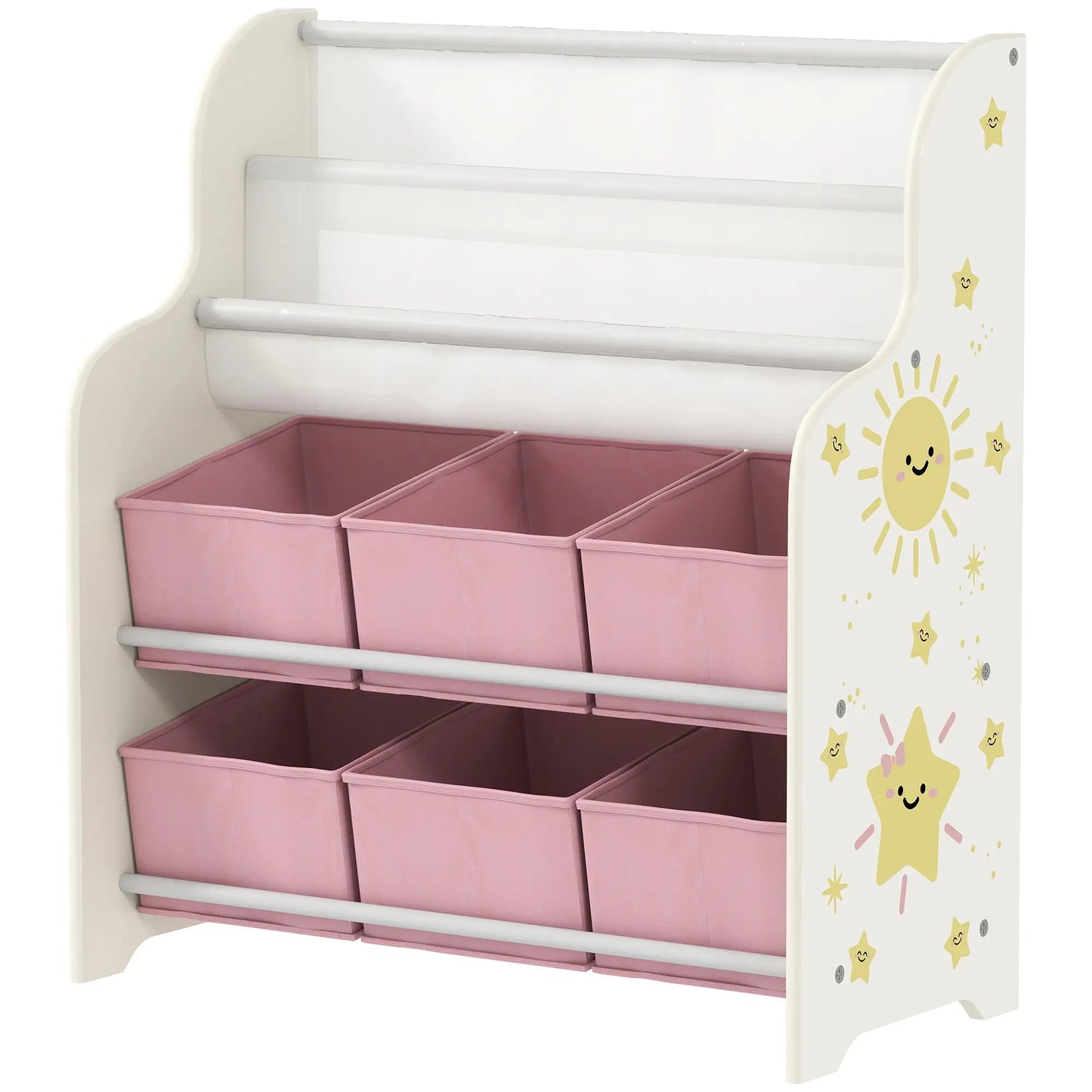 AIYAPLAY Kids Storage Unit, Toy Organiser with 6 Fabric Drawers and 2-Tier Sling Book Rack for Bedroom, Playroom, Pink