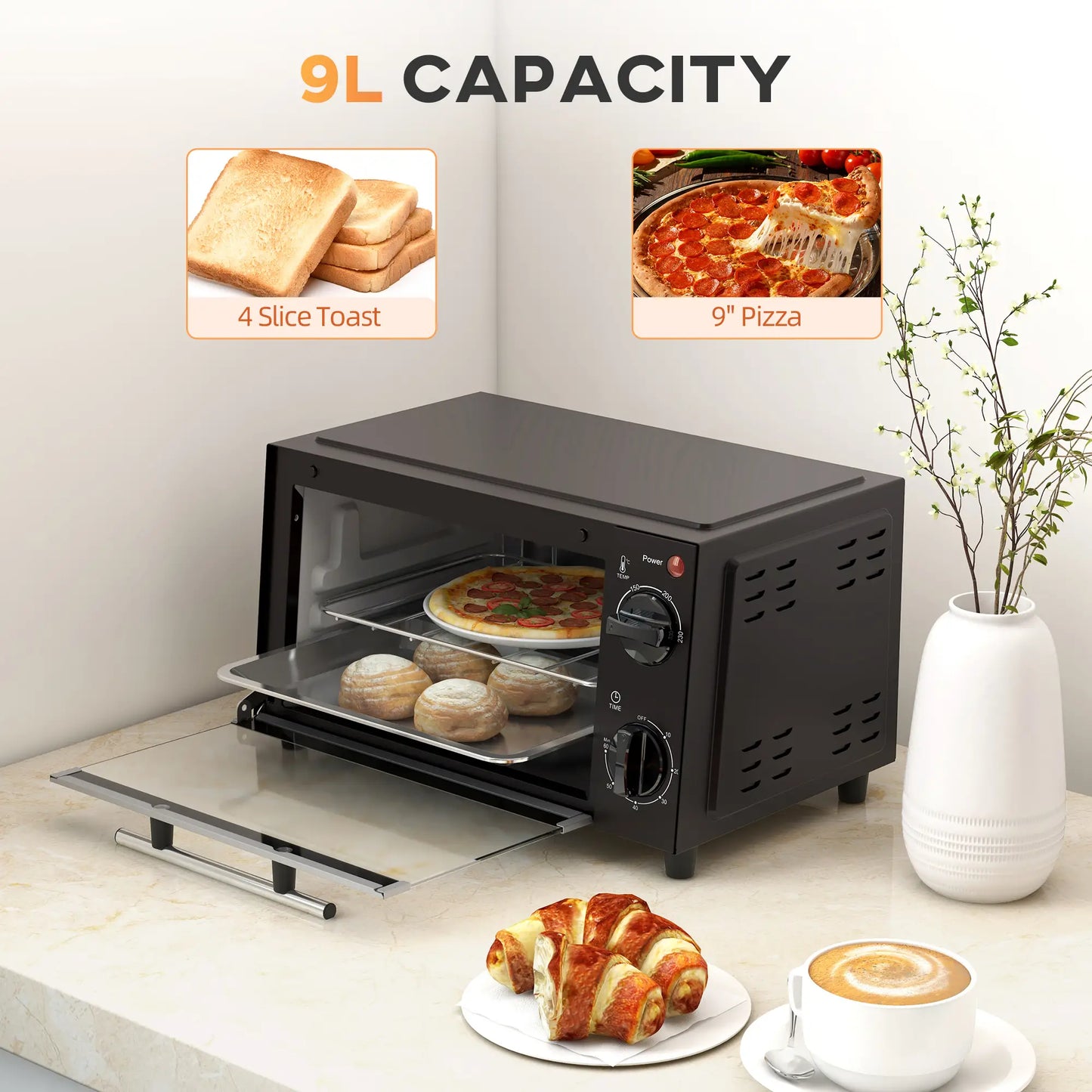 HOMCOM Mini Oven, 9L Countertop Electric Grill, Toaster Oven with Adjustable Temperature, Timer, Baking Tray, 750W