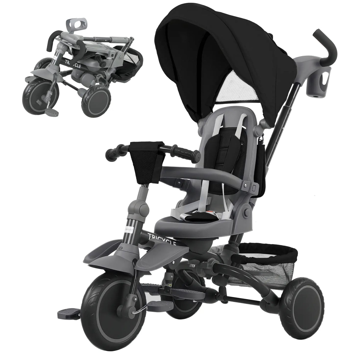 AIYAPLAY 6 in 1 Foldable Kids Trike with Adjustable Parent Handle & Canopy for Ages 1-5, Black