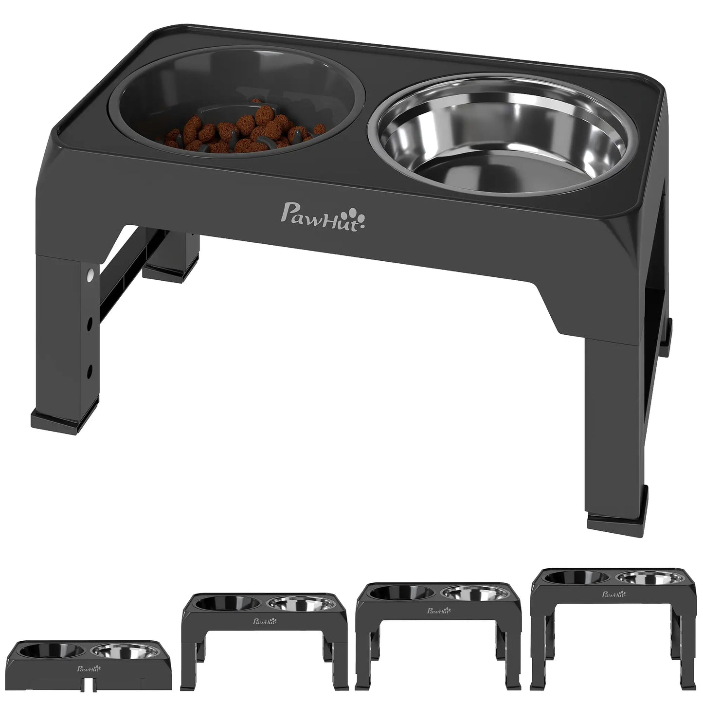 PawHut Raised Dog Bowl with Slow Feeder, 4 Adjustable Heights, Foldable Elevated for Small Medium Large Breeds