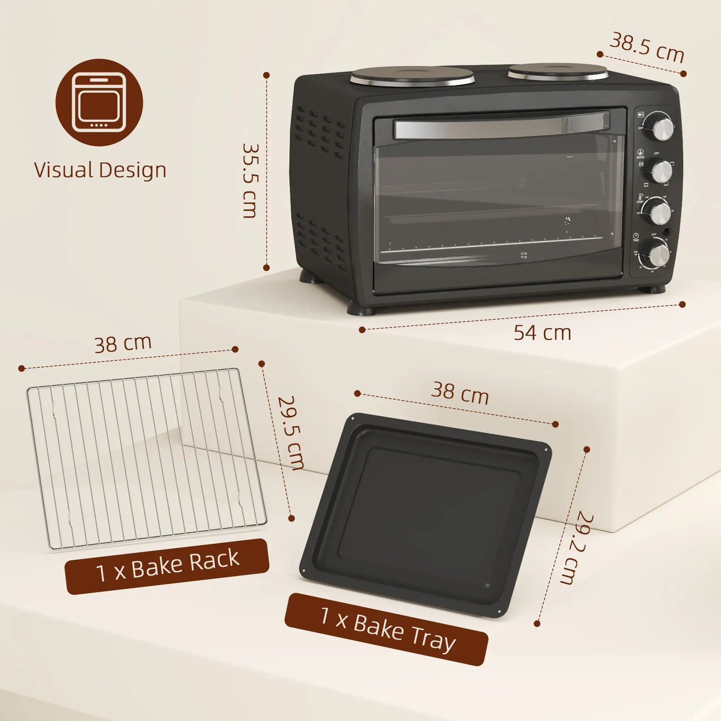 HOMCOM 36L Small Electric Oven with 2 Hot Plates, Countertop Toaster Oven, Grill, Roast, Bake, with Timer, Adjustable Temperature & Baking Tray, 2600W
