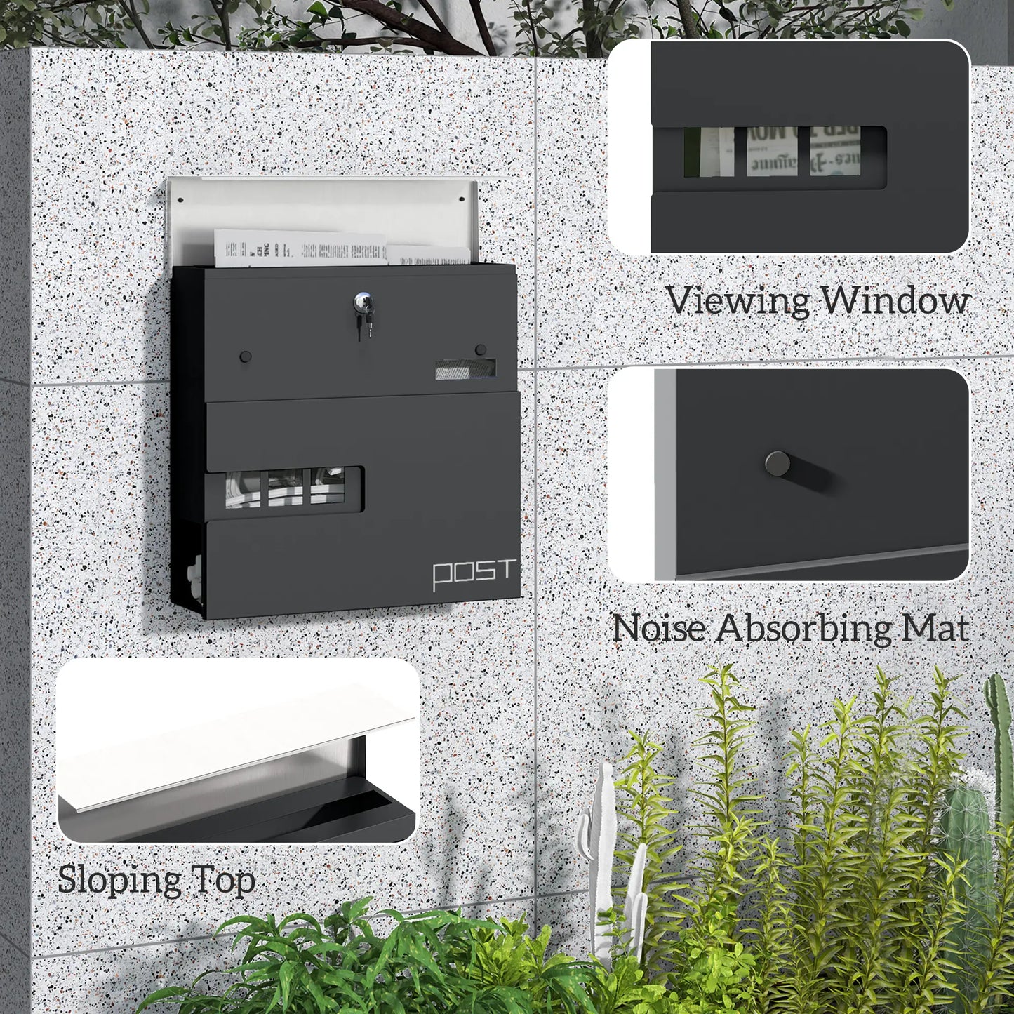 HOMCOM Locking Galvanised Steel Letterbox w/ Viewing Window Post Box, Mailbox - Charcoal Grey/Black