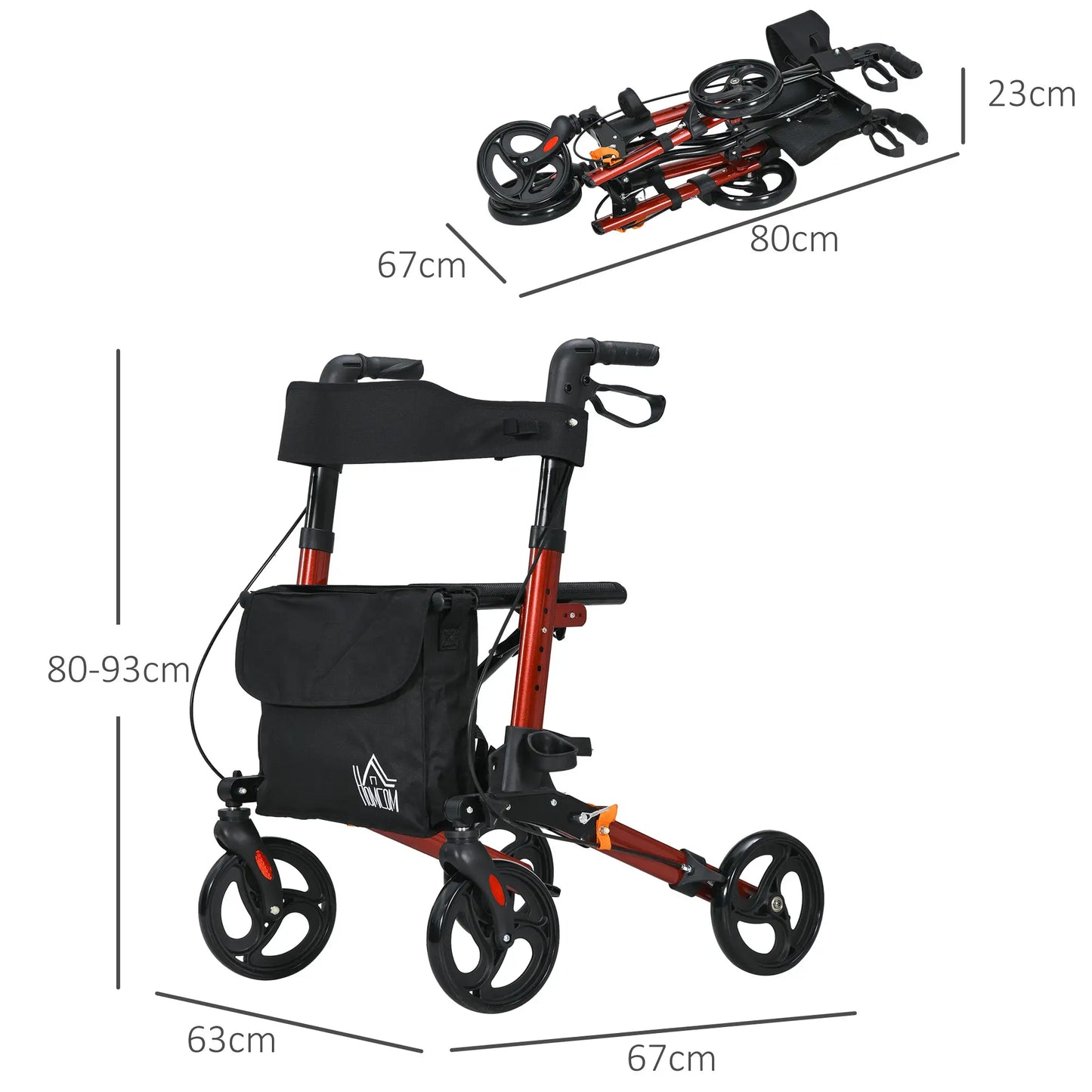 HOMCOM 4 Wheel Rollator with Seat & Back, Folding Mobility Walker with Carry Bag, Adjustable Height, Cane Holder, Aluminium Walking Frame for Seniors, Red