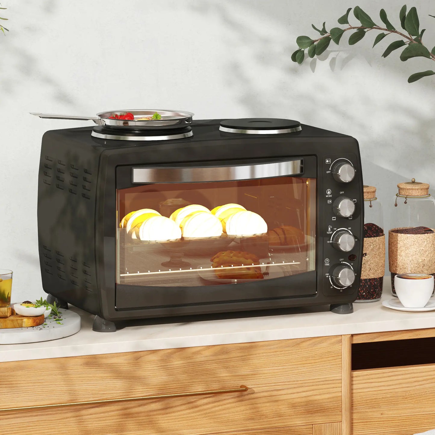 HOMCOM 36L Small Electric Oven with 2 Hot Plates, Countertop Toaster Oven, Grill, Roast, Bake, with Timer, Adjustable Temperature & Baking Tray, 2600W