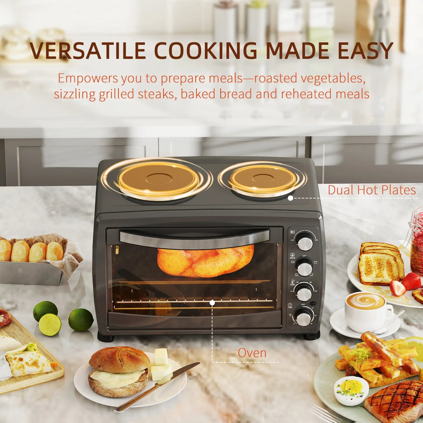 HOMCOM 36L Small Electric Oven with 2 Hot Plates, Countertop Toaster Oven, Grill, Roast, Bake, with Timer, Adjustable Temperature & Baking Tray, 2600W