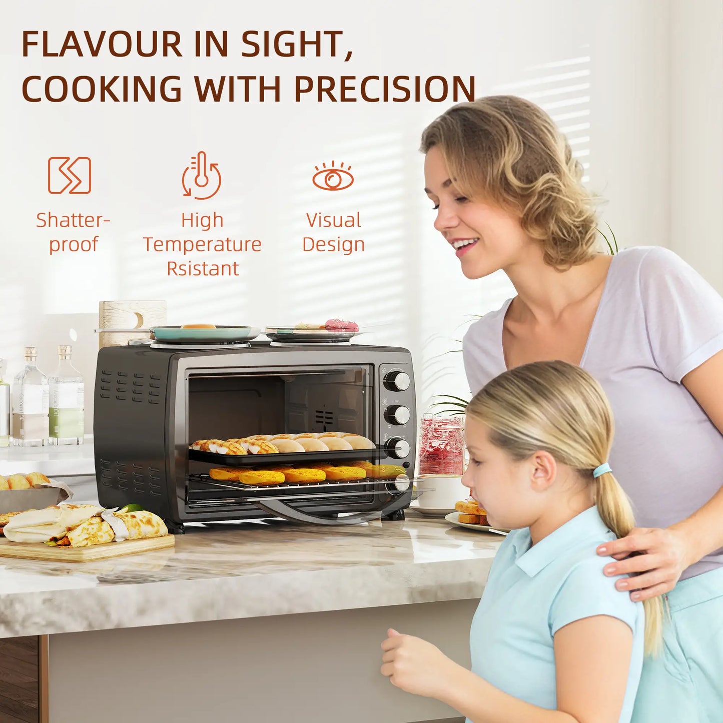 HOMCOM 36L Small Electric Oven with 2 Hot Plates, Countertop Toaster Oven, Grill, Roast, Bake, with Timer, Adjustable Temperature & Baking Tray, 2600W